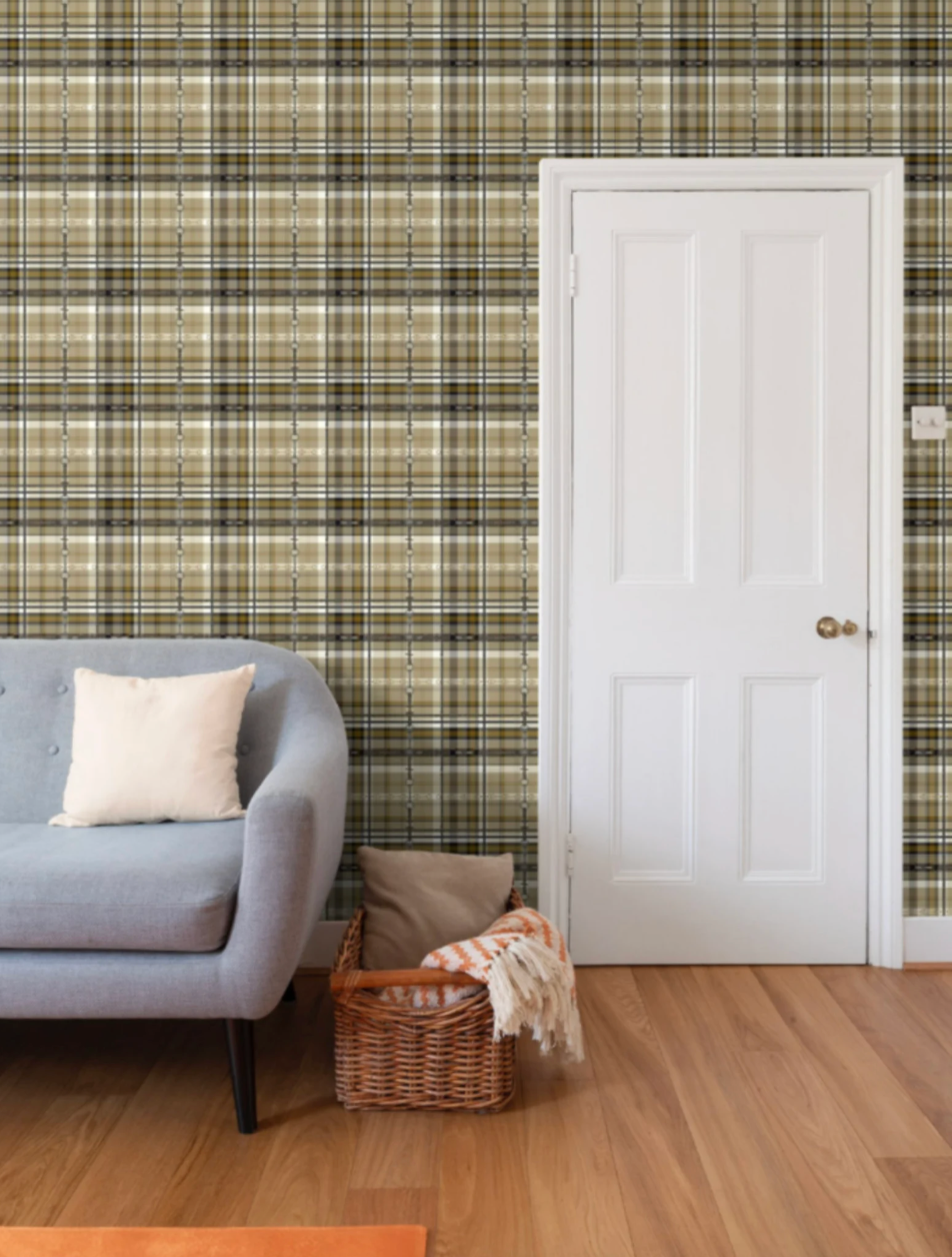 Yellow Ochre Plaid Wallpaper Bit and Rein Pattern Traditional Red and Brown Plaid Luxury Equestrian Home Decor Farmhouse Wall Accent