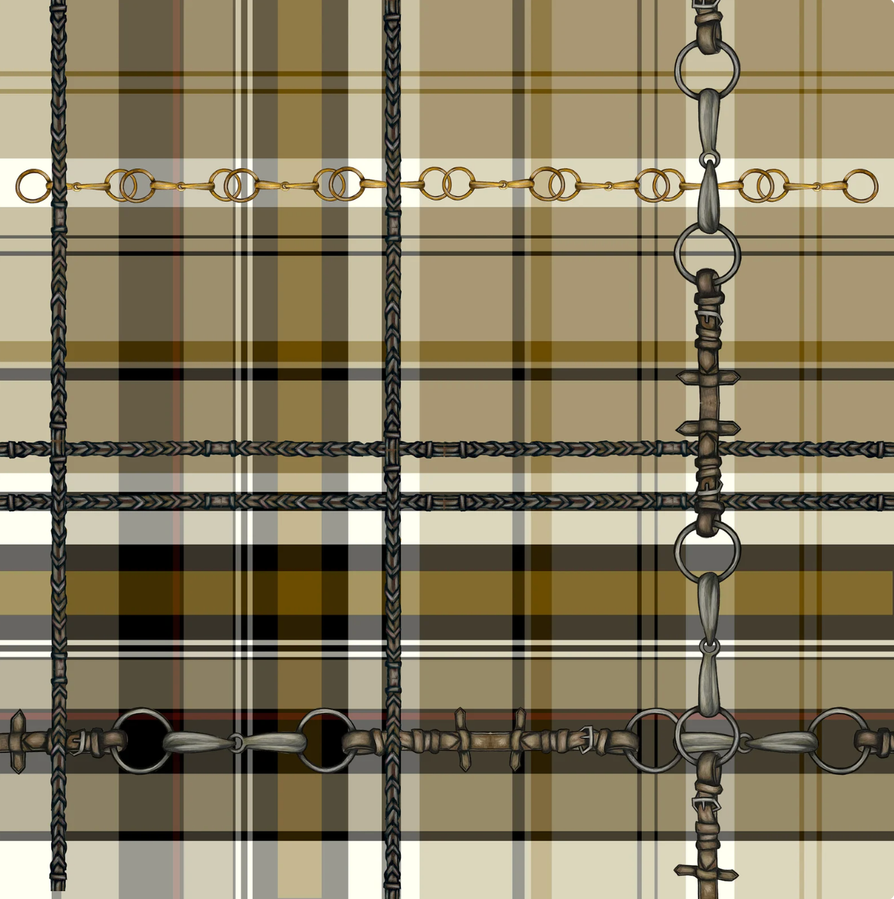 Yellow Ochre Plaid Wallpaper Bit and Rein Pattern Traditional Red and Brown Plaid Luxury Equestrian Home Decor Farmhouse Wall Accent