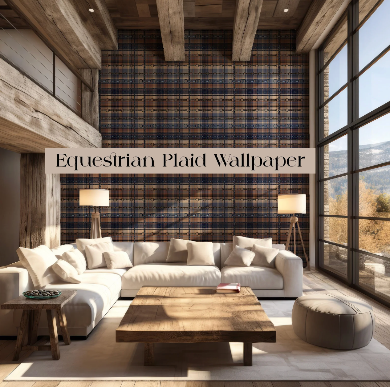 Blue and Brown Farmhouse Wallpaper Bit and Rein Pattern Plaid Luxury Equestrian Home Decor