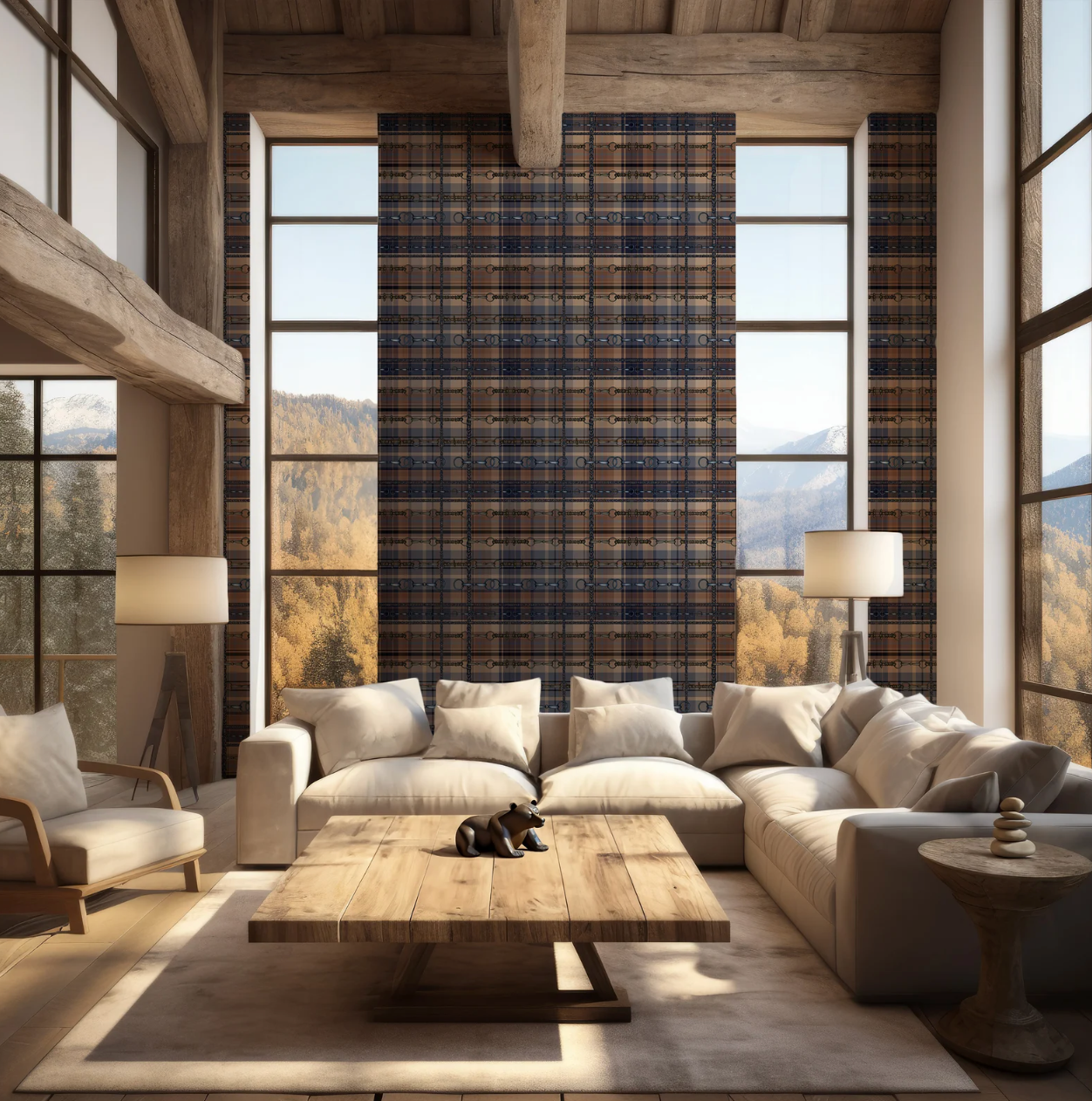 Blue and Brown Farmhouse Wallpaper Bit and Rein Pattern Plaid Luxury Equestrian Home Decor