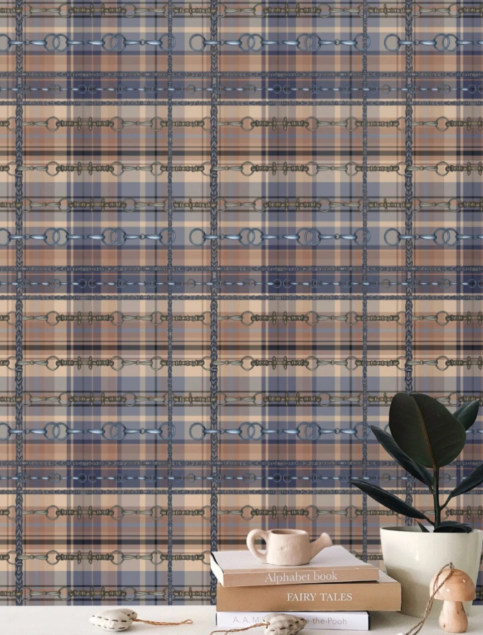 Blue and Brown Farmhouse Wallpaper Bit and Rein Pattern Plaid Luxury Equestrian Home Decor