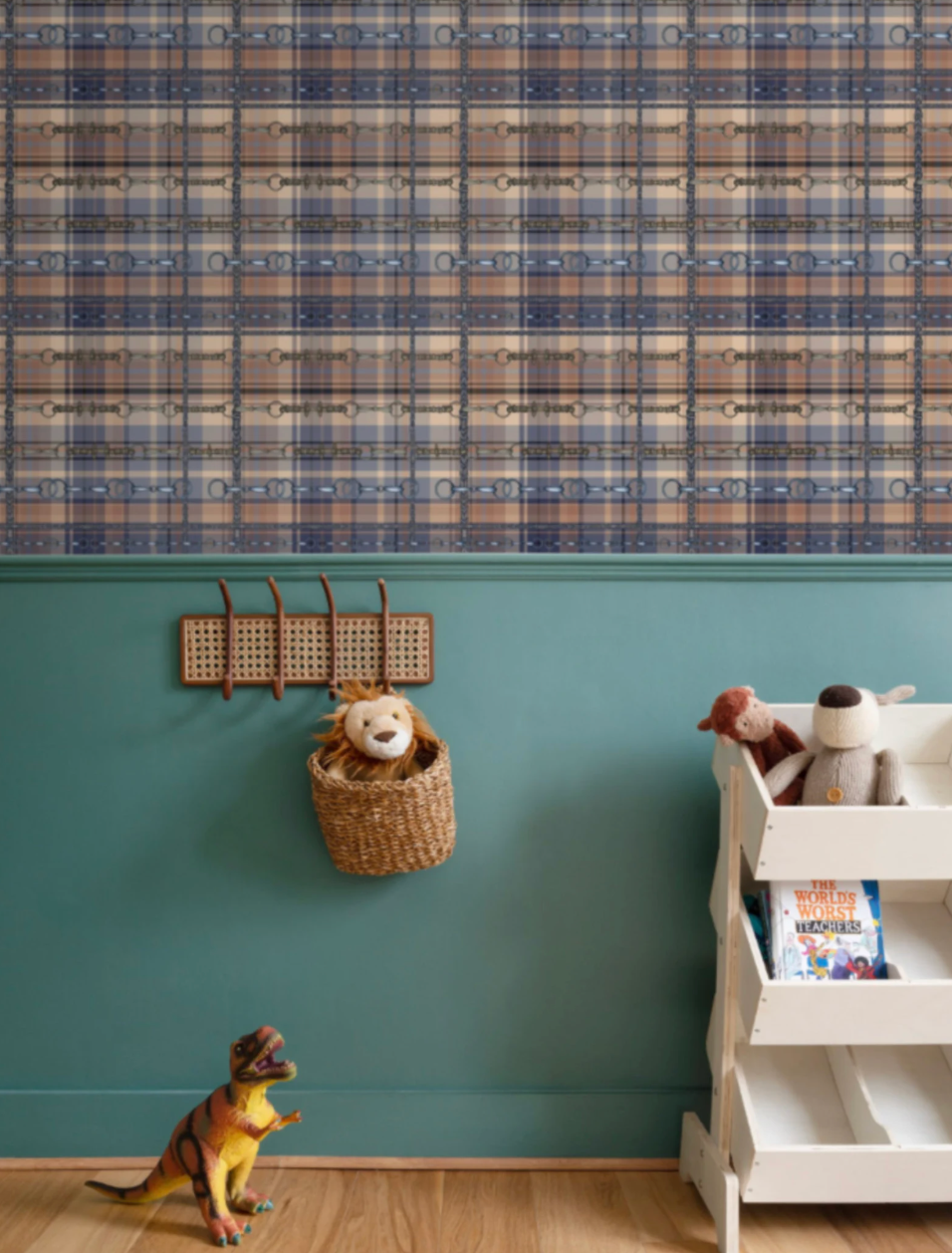 Blue and Brown Farmhouse Wallpaper Bit and Rein Pattern Plaid Luxury Equestrian Home Decor