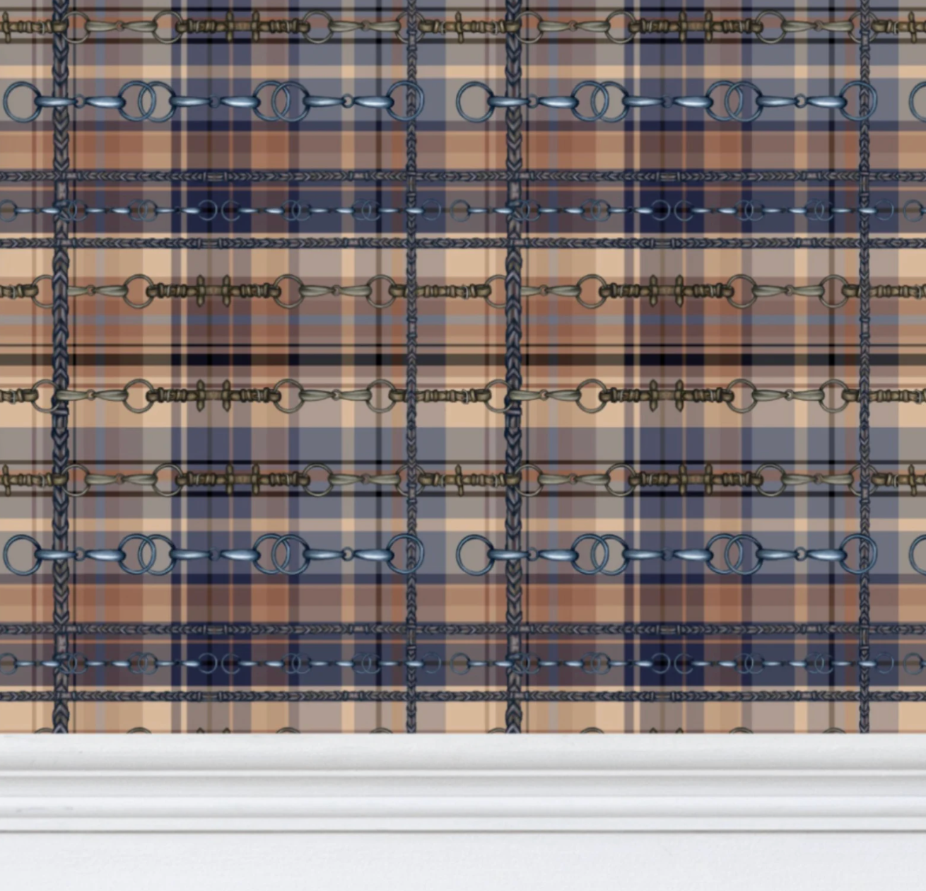 Blue and Brown Farmhouse Wallpaper Bit and Rein Pattern Plaid Luxury Equestrian Home Decor