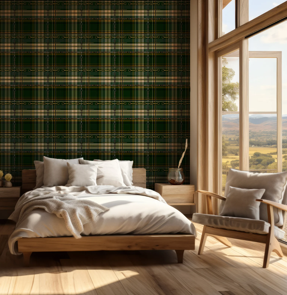 Hunter Green Equestrian Wallpaper Fox and Hound Decor Bit and Rein Pattern Traditional Red and Brown Plaid Luxury Equestrian Home Decor