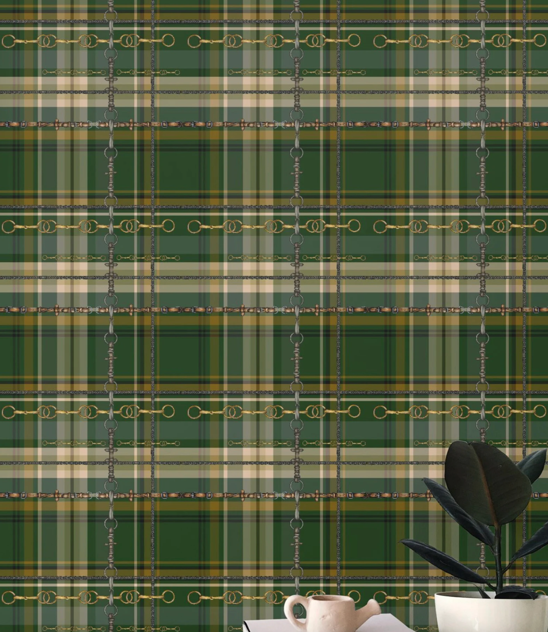 Hunter Green Equestrian Wallpaper Fox and Hound Decor Bit and Rein Pattern Traditional Red and Brown Plaid Luxury Equestrian Home Decor