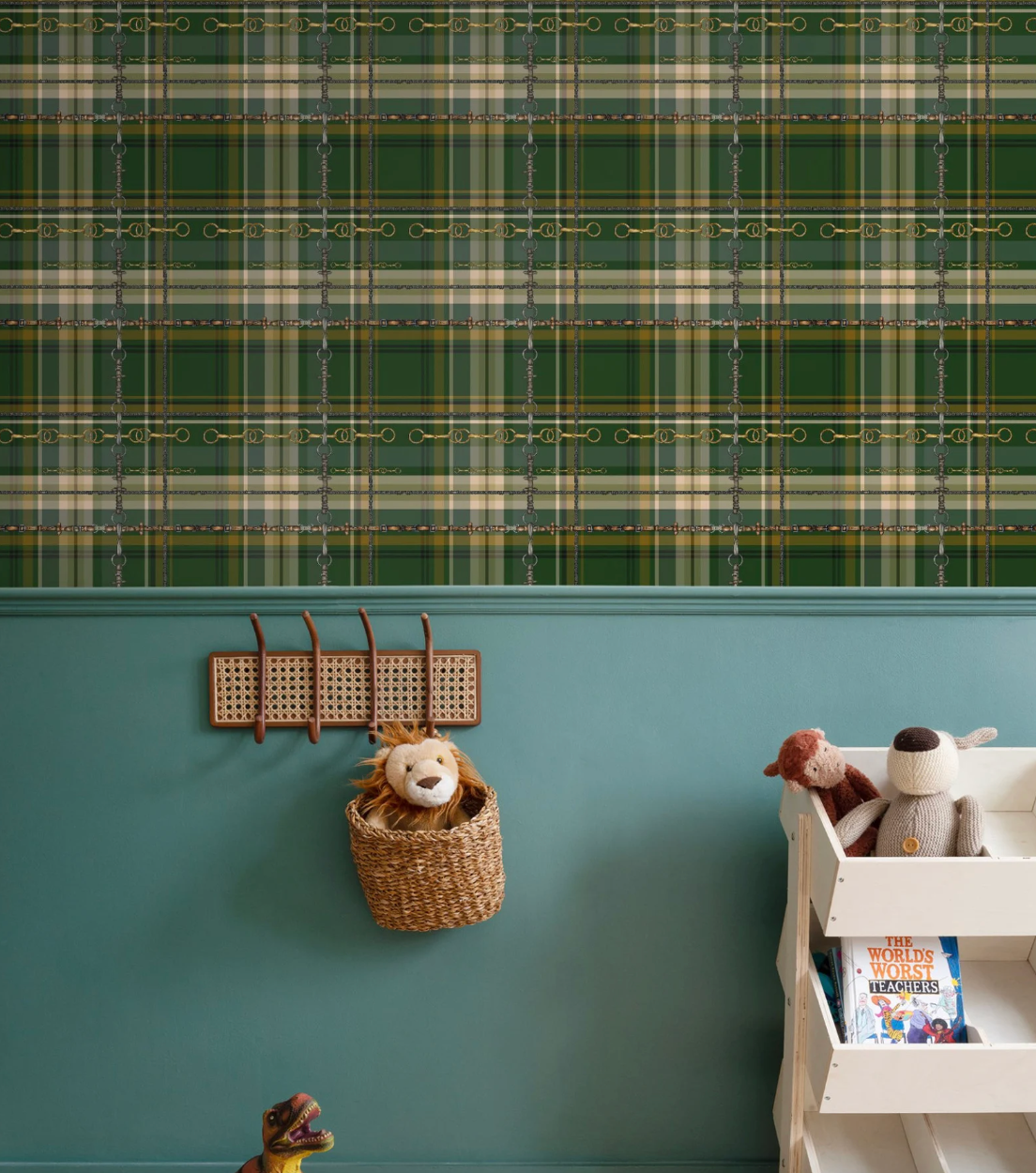 Hunter Green Equestrian Wallpaper Fox and Hound Decor Bit and Rein Pattern Traditional Red and Brown Plaid Luxury Equestrian Home Decor