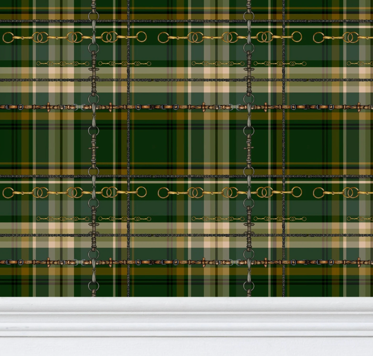 Hunter Green Equestrian Wallpaper Fox and Hound Decor Bit and Rein Pattern Traditional Red and Brown Plaid Luxury Equestrian Home Decor