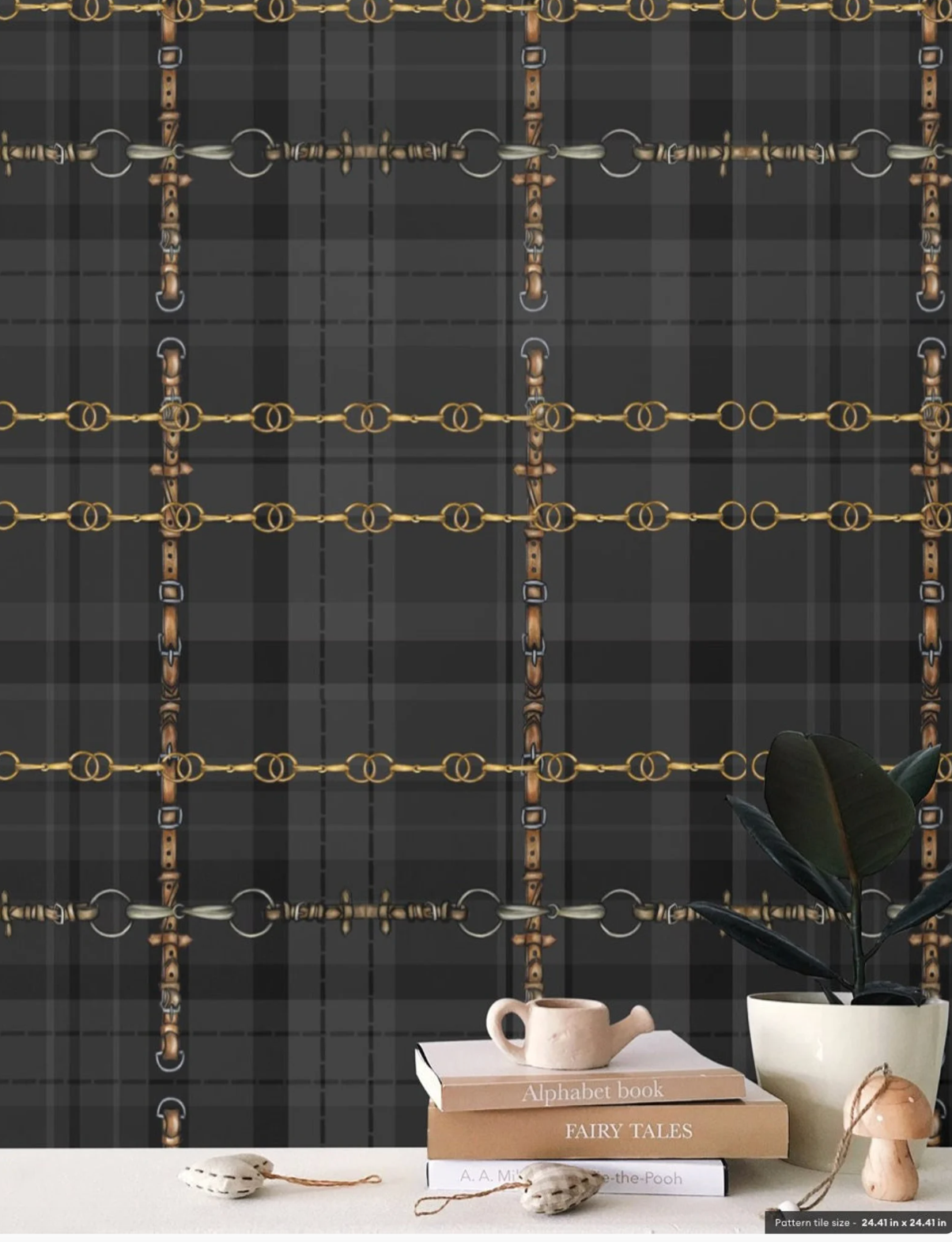Black Equestrian Wallpaper Bit and Rein Pattern Plaid Luxury Equestrian Home Decor