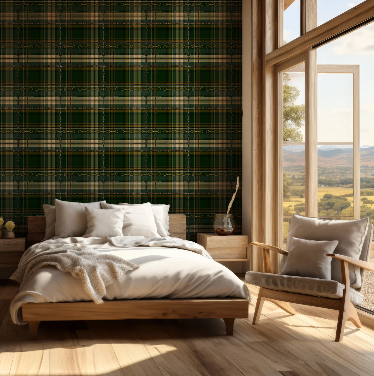 Hunter Green Equestrian Wallpaper Fox and Hound Decor Bit and Rein Pattern Traditional Red and Brown Plaid Luxury Equestrian Home Decor
