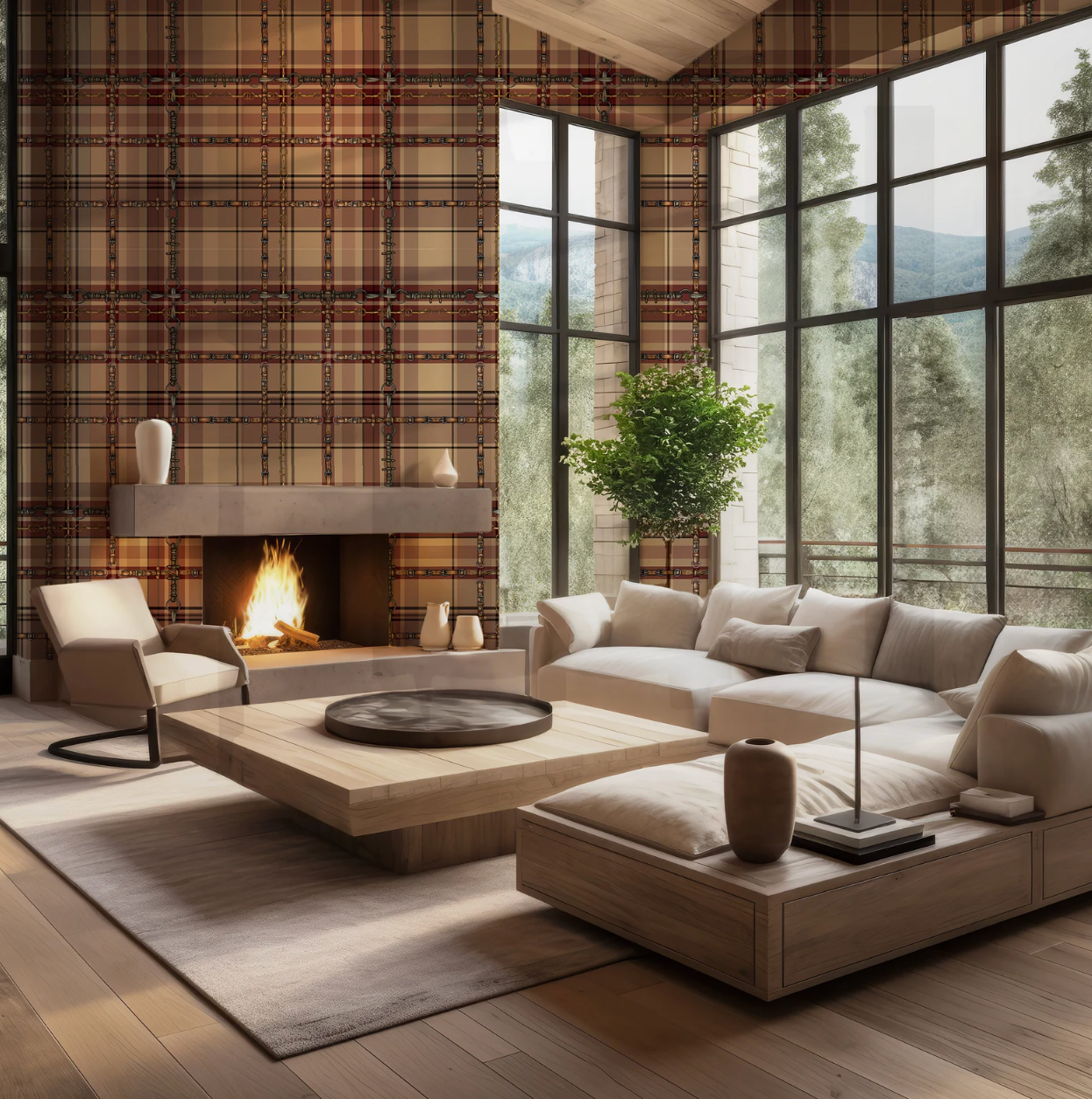 Farmhouse Plaid Wallpaper Bit and Rein Pattern Traditional Red and Brown Plaid Luxury Equestrian Home Decor
