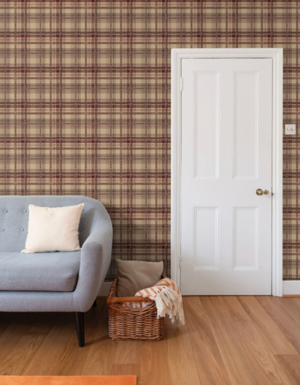 Farmhouse Plaid Wallpaper Bit and Rein Pattern Traditional Red and Brown Plaid Luxury Equestrian Home Decor