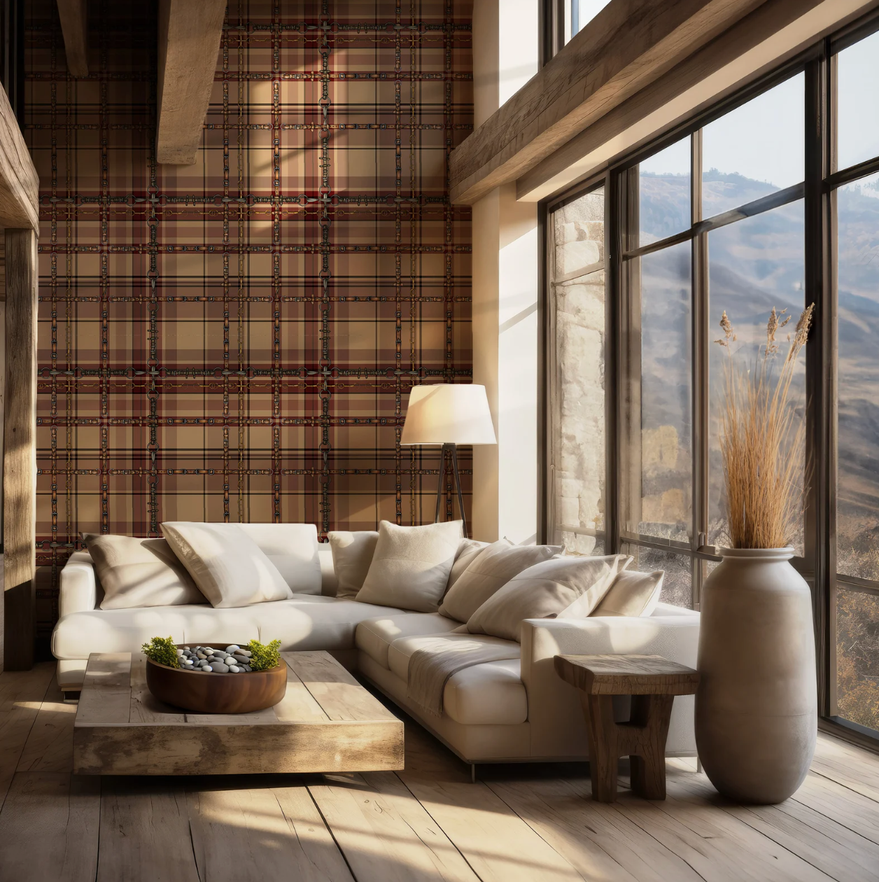 Farmhouse Plaid Wallpaper Bit and Rein Pattern Traditional Red and Brown Plaid Luxury Equestrian Home Decor