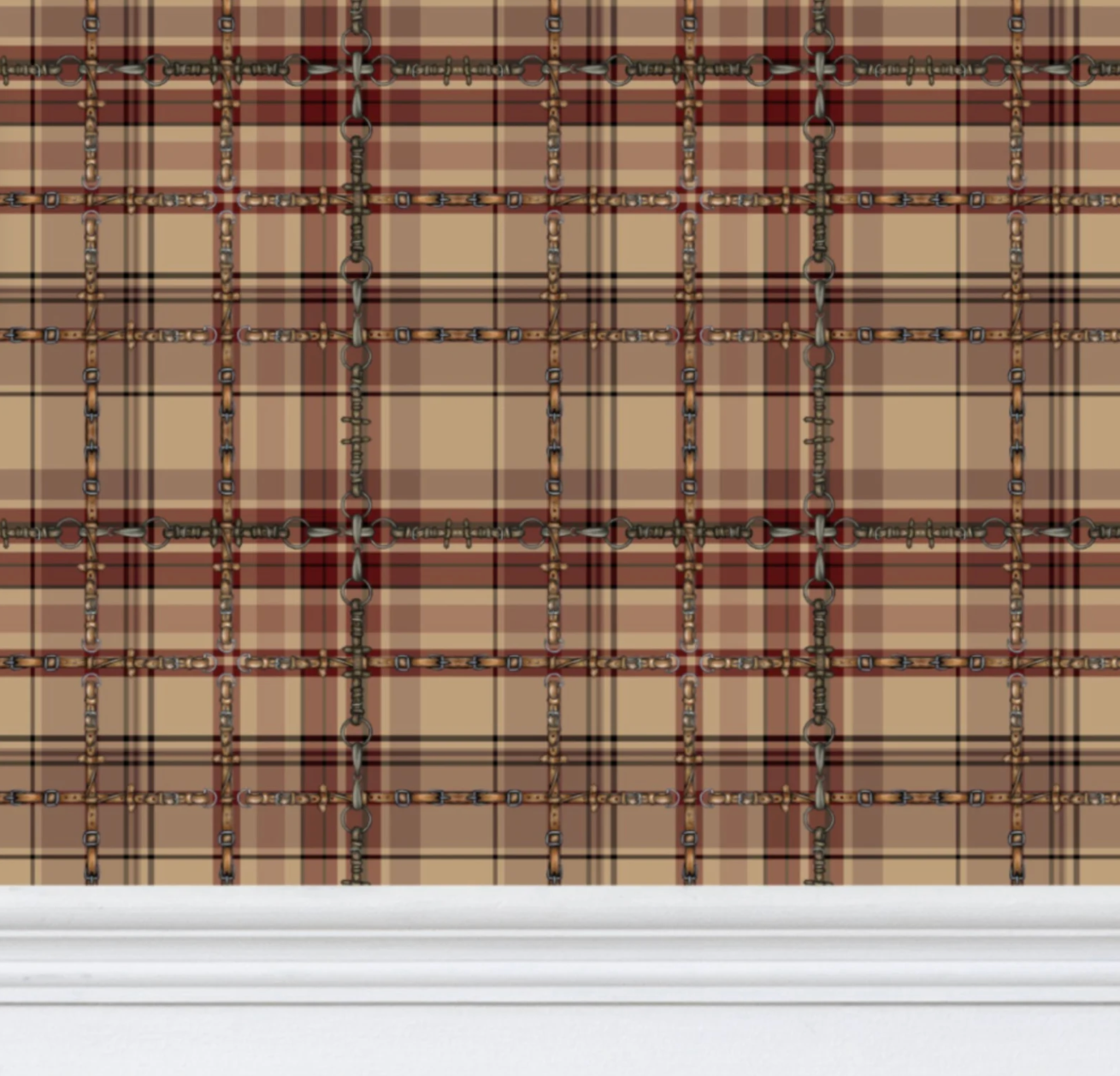 Farmhouse Plaid Wallpaper Bit and Rein Pattern Traditional Red and Brown Plaid Luxury Equestrian Home Decor