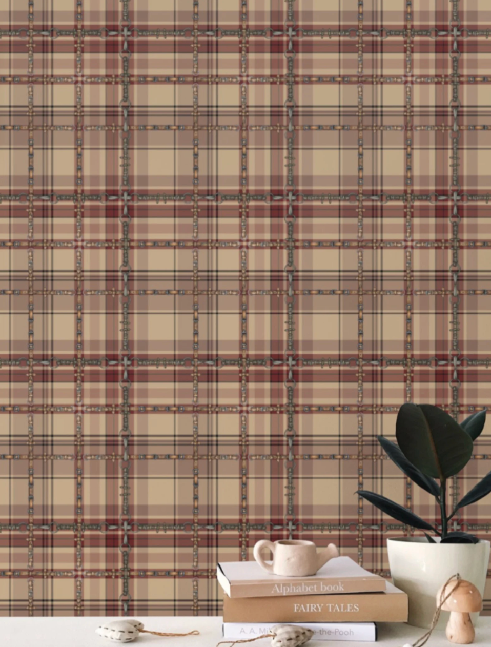 Farmhouse Plaid Wallpaper Bit and Rein Pattern Traditional Red and Brown Plaid Luxury Equestrian Home Decor