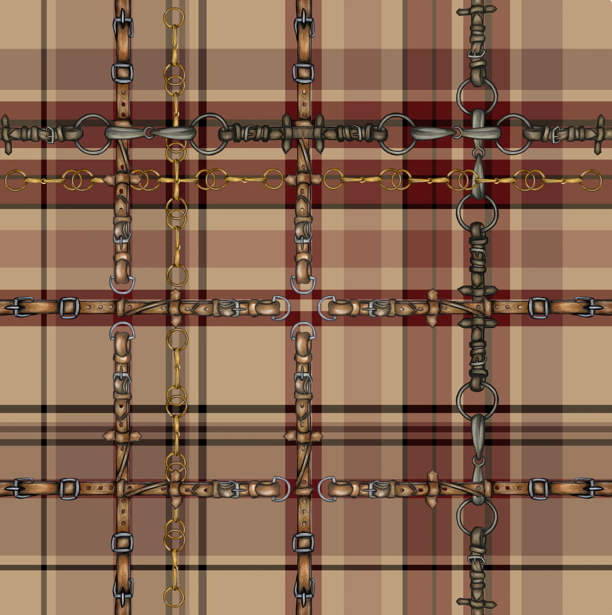 Farmhouse Plaid Wallpaper Bit and Rein Pattern Traditional Red and Brown Plaid Luxury Equestrian Home Decor