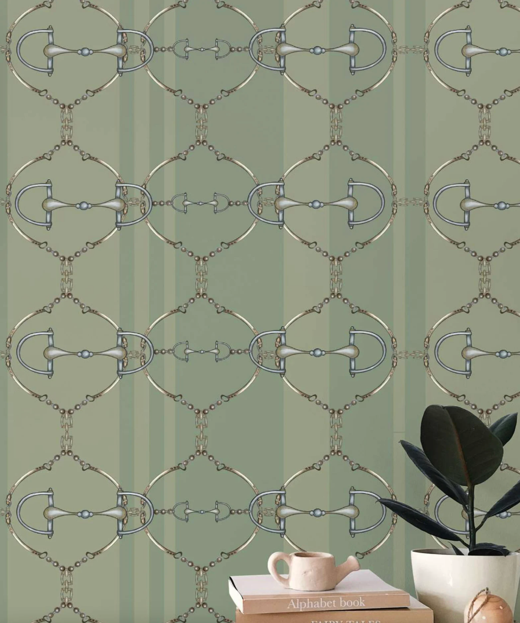 Green Snaffle Bit Wallpaper Luxury Equestrian Home Decor Farmhouse Wall Accent Wallpaper Neutral Decor