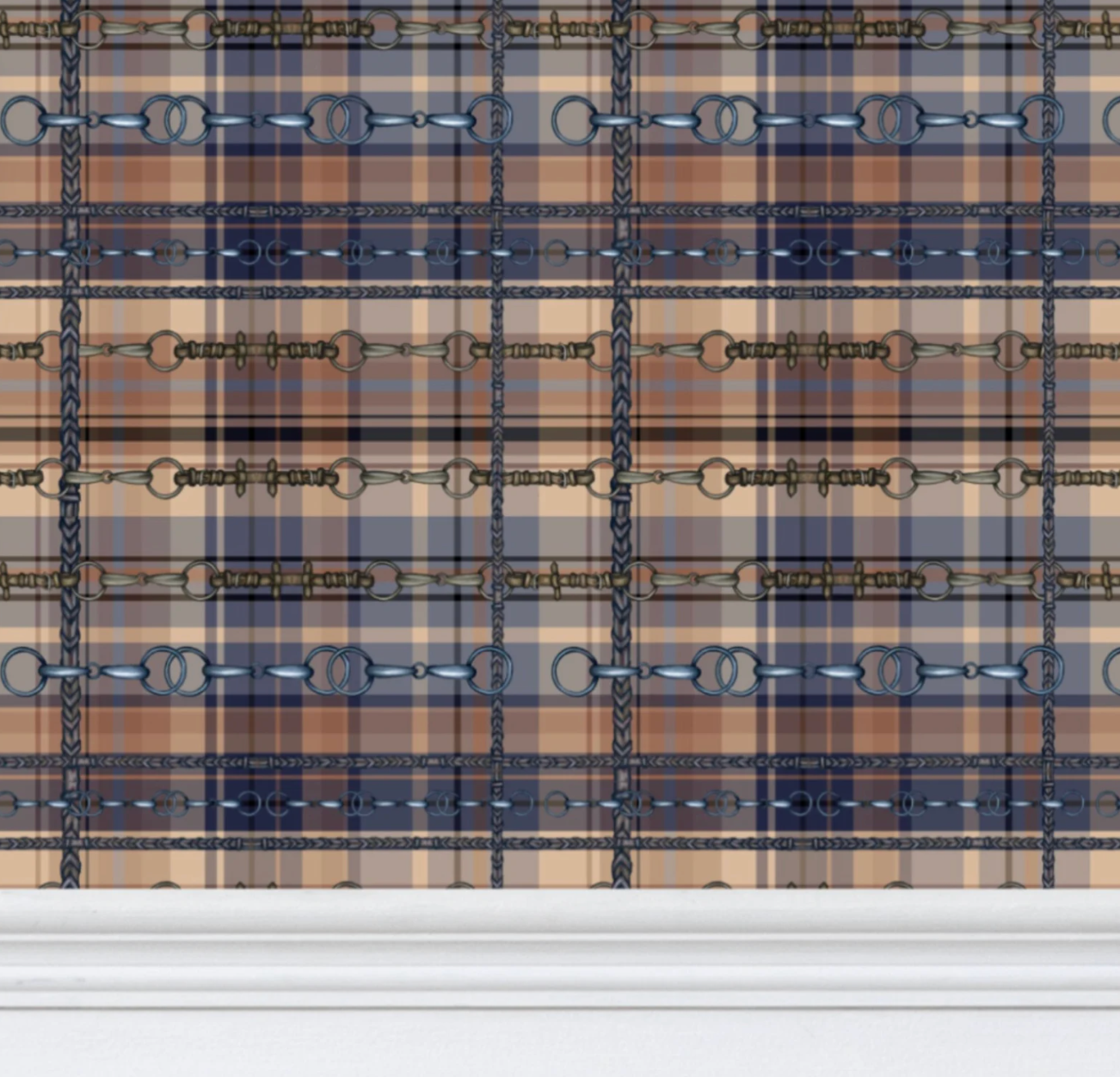 Blue and Brown Farmhouse Wallpaper Bit and Rein Pattern Plaid Luxury Equestrian Home Decor