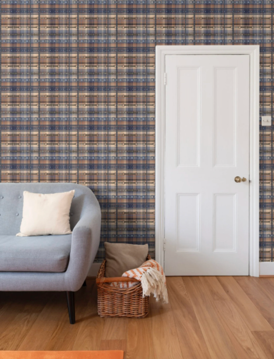 Blue and Brown Farmhouse Wallpaper Bit and Rein Pattern Plaid Luxury Equestrian Home Decor