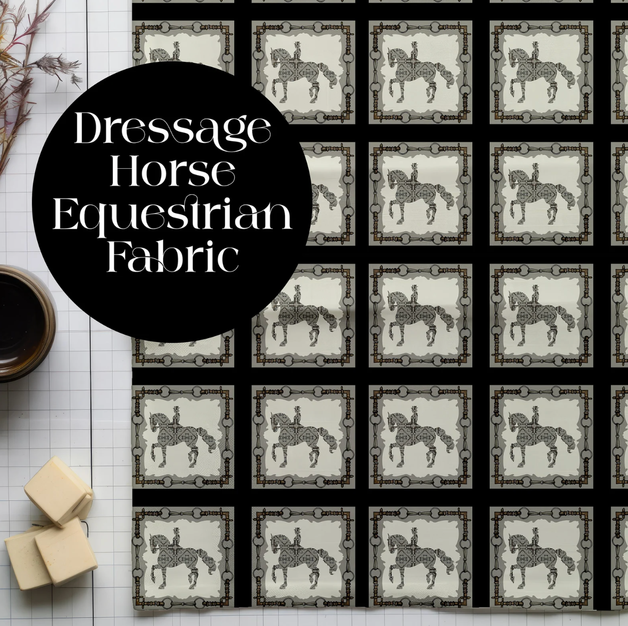 Dressage Horse Equestrian Fabric Luxury Equine Art for Custom Home Decor and Sewing Projects 42x36 inches Pure Cotton