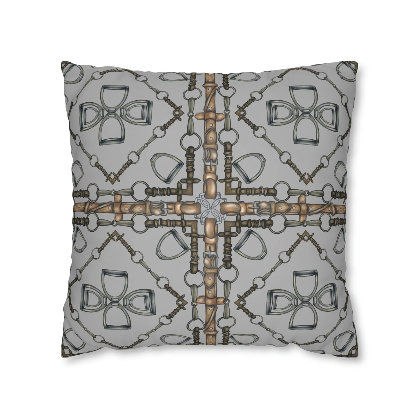 Gray Geometric Double Sided Snaffle Bit and Reins Pattern Polyester Pillowcase