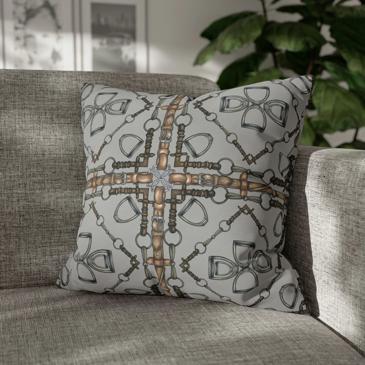 Gray Geometric Double Sided Snaffle Bit and Reins Pattern Polyester Pillowcase