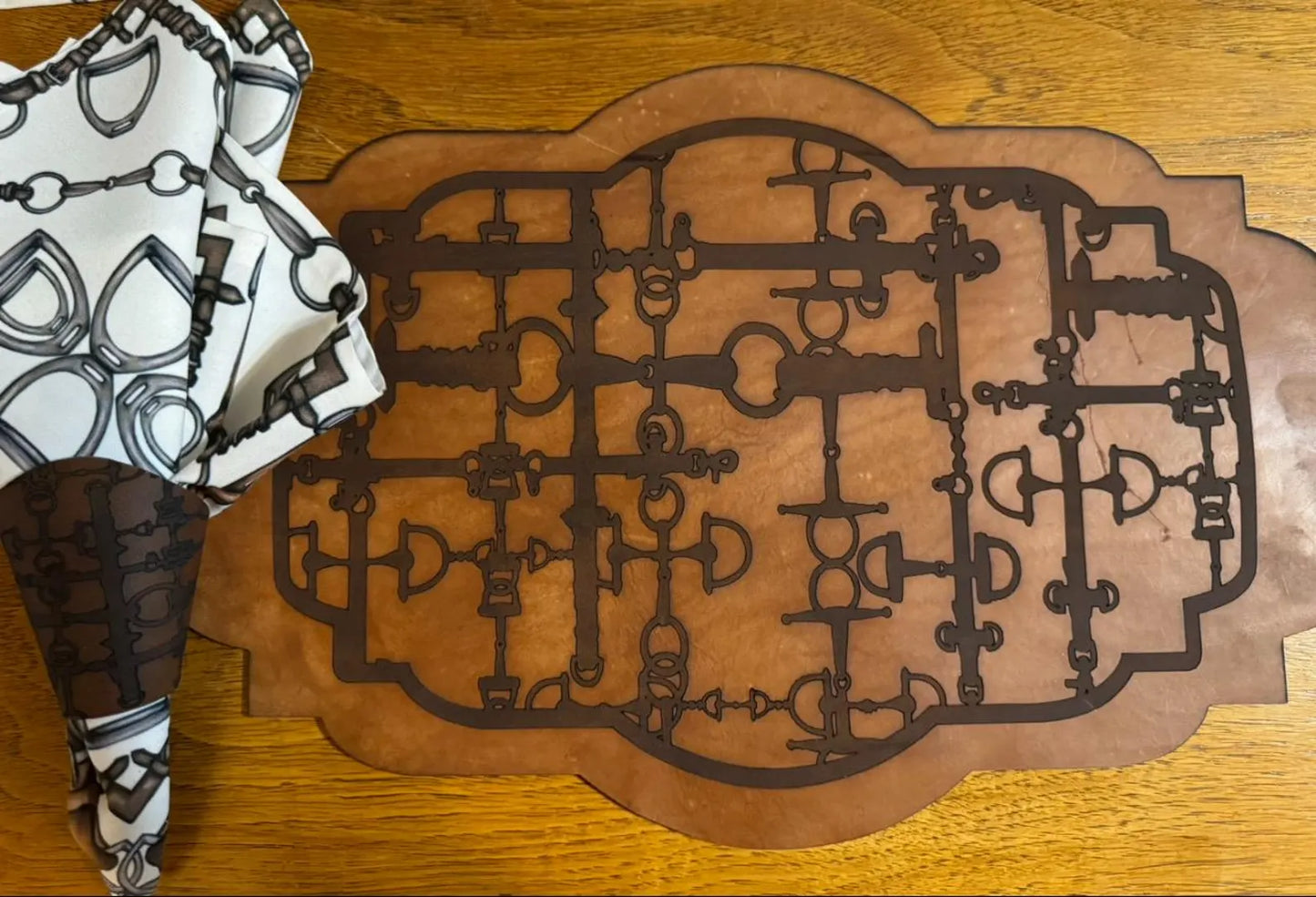 Leather Table PlaceMat . My Signature Snaffle Bit Leather Table Decor. Classic Hunter Jumper Equestrian Table Place Mat