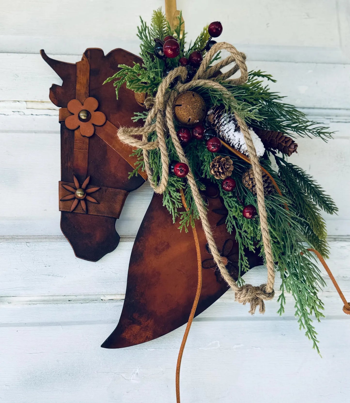 Christmas Rustic Pine and Leather and wood Horse Head Wall decor. Leather Home Barn Door Wall Decor - Equestrian Lovers Leather Home Decor
