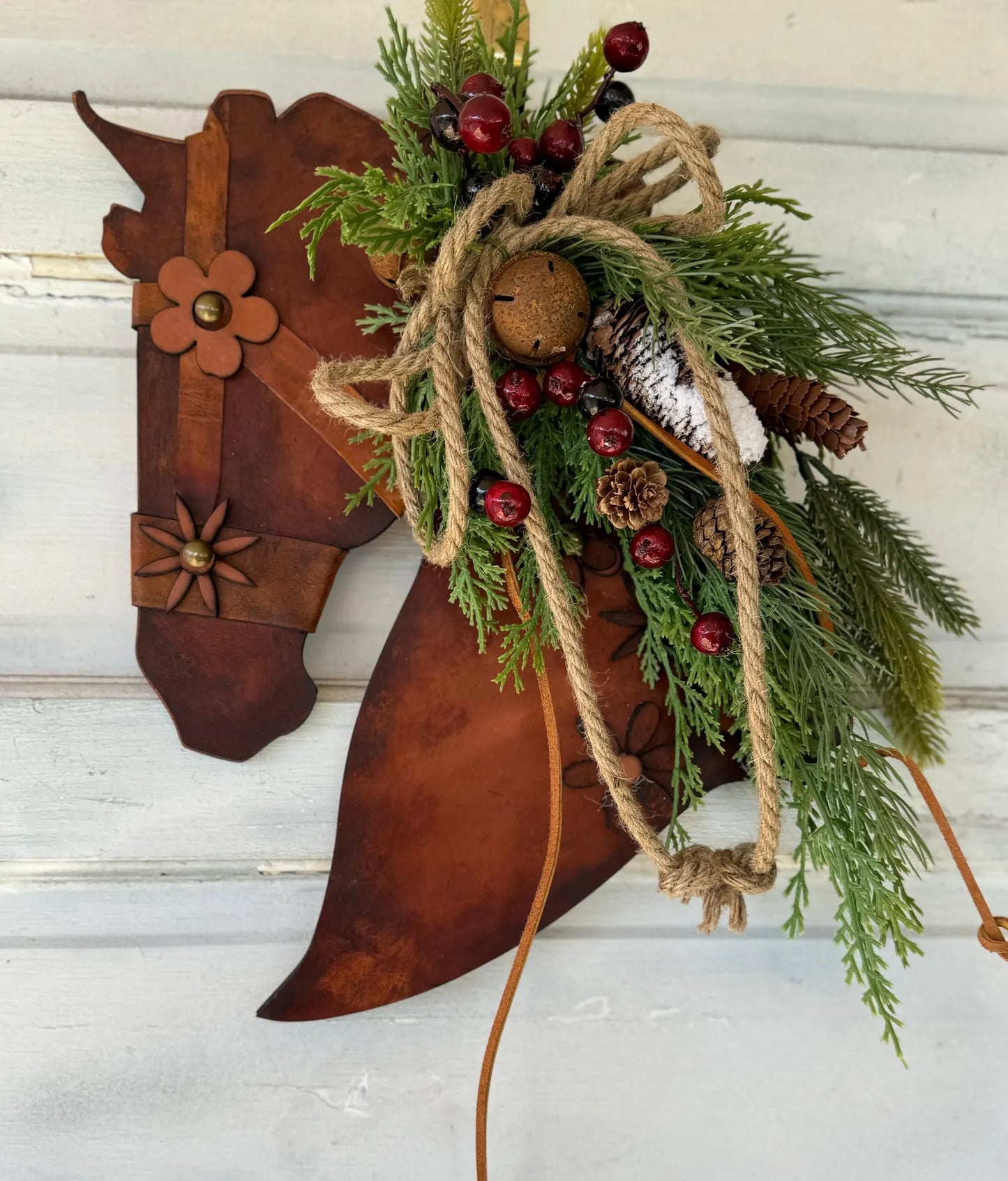 Christmas Rustic Pine and Leather and wood Horse Head Wall decor. Leather Home Barn Door Wall Decor - Equestrian Lovers Leather Home Decor
