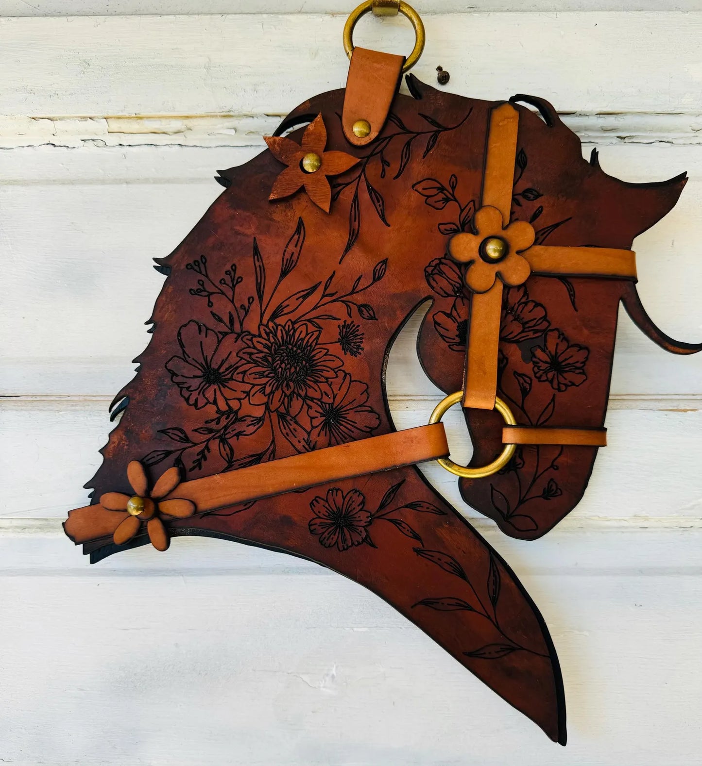 Authentic Leather and wood Horse Head Wall decor. Leather Home Barn Door Wall Decor - Equestrian Lovers Leather Home Decor Antique Brass