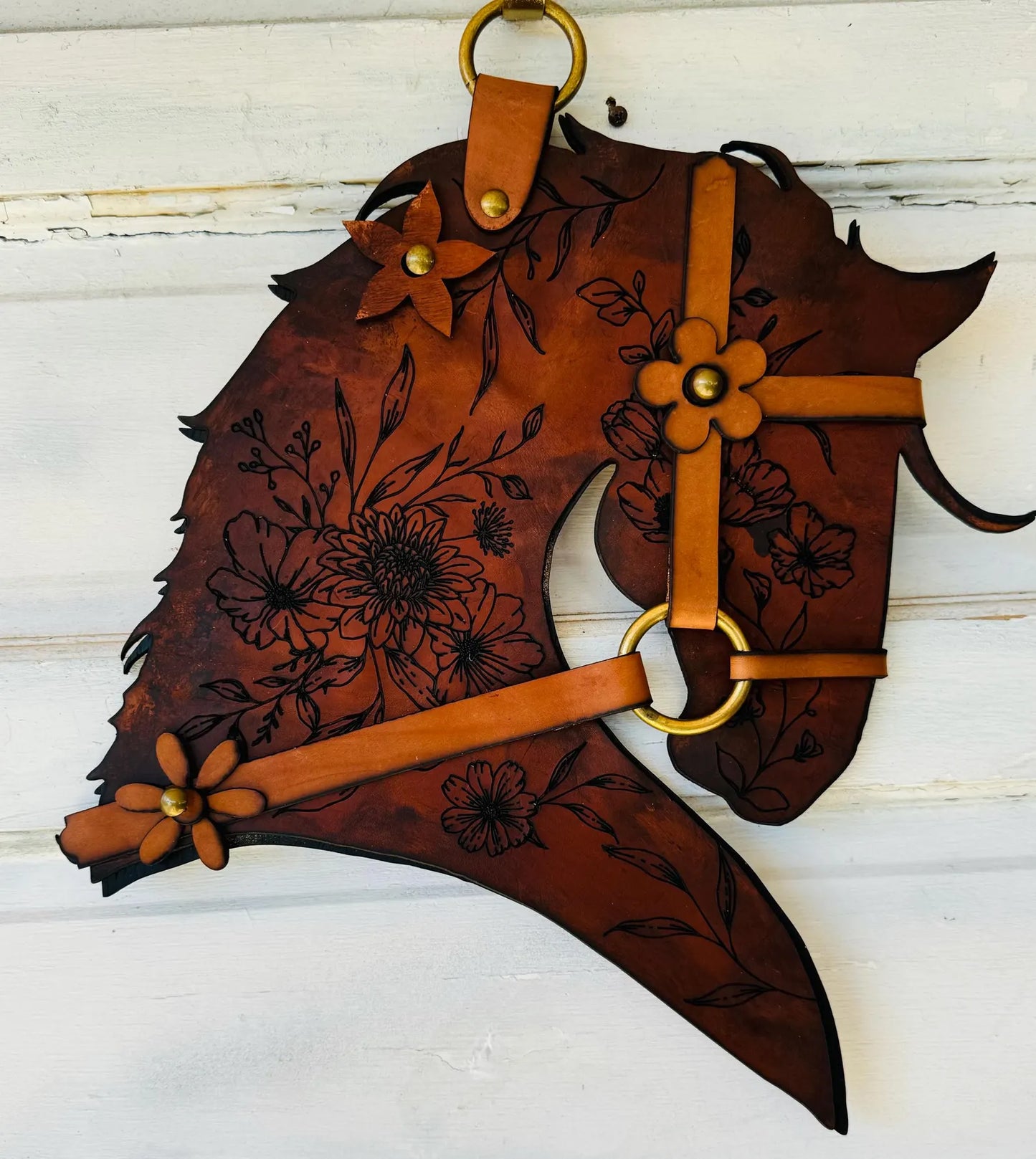 Authentic Leather and wood Horse Head Wall decor. Leather Home Barn Door Wall Decor - Equestrian Lovers Leather Home Decor Antique Brass