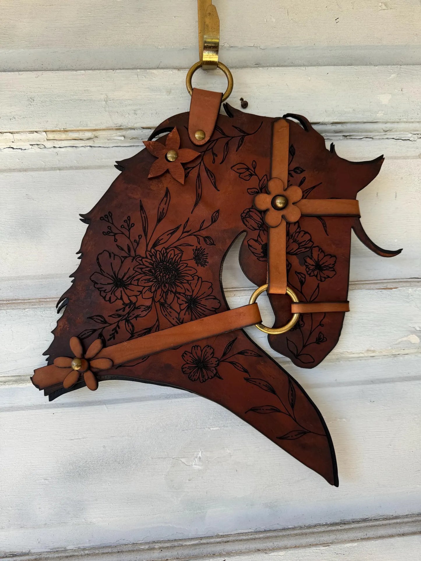 Authentic Leather and wood Horse Head Wall decor. Leather Home Barn Door Wall Decor - Equestrian Lovers Leather Home Decor Antique Brass