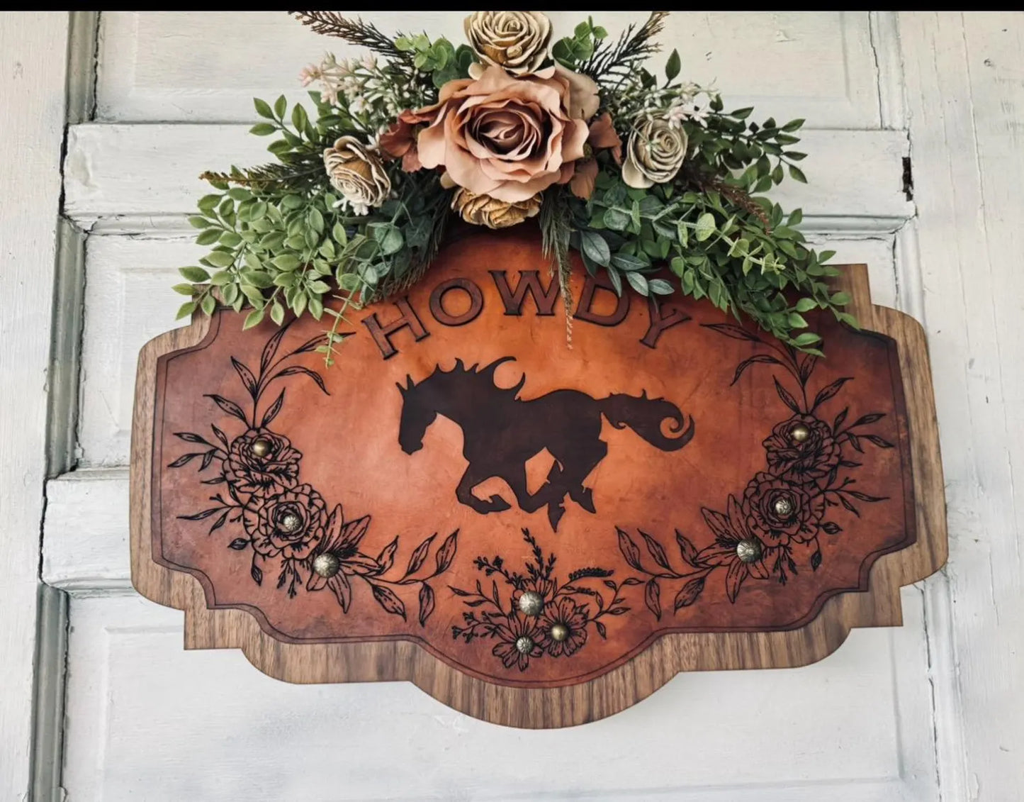 Authentic Leather and wood Horse stall Plaque. Leather Barn Name plaque with Custom options Western feel with Brass Nail Heads