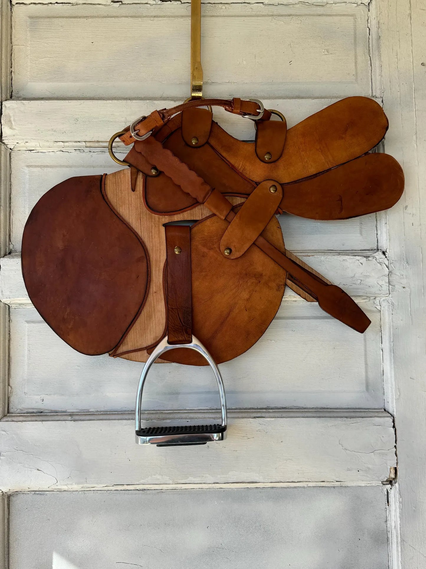 Fox and Hound Hunter Jumper, Leather, Brass, Wood, Art. Authentic Leather and English Stirrup Home Barn Door Wall Decor - Horse Lover gift