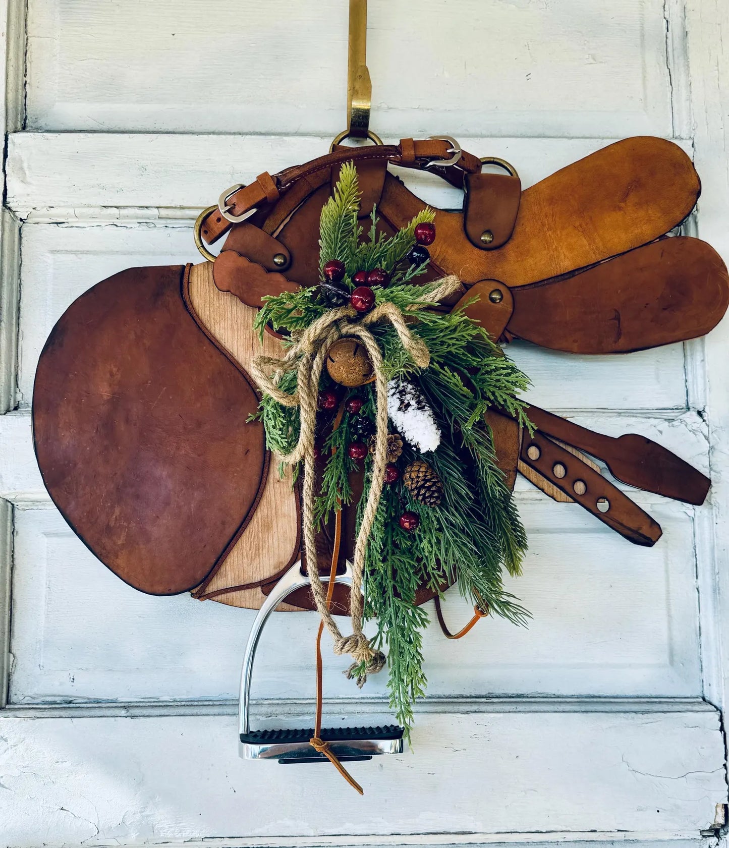Fox and Hound Hunter Jumper, Leather, Brass, Wood, Art. Authentic Leather and English Stirrup Home Barn Door Wall Decor - Horse Lover gift