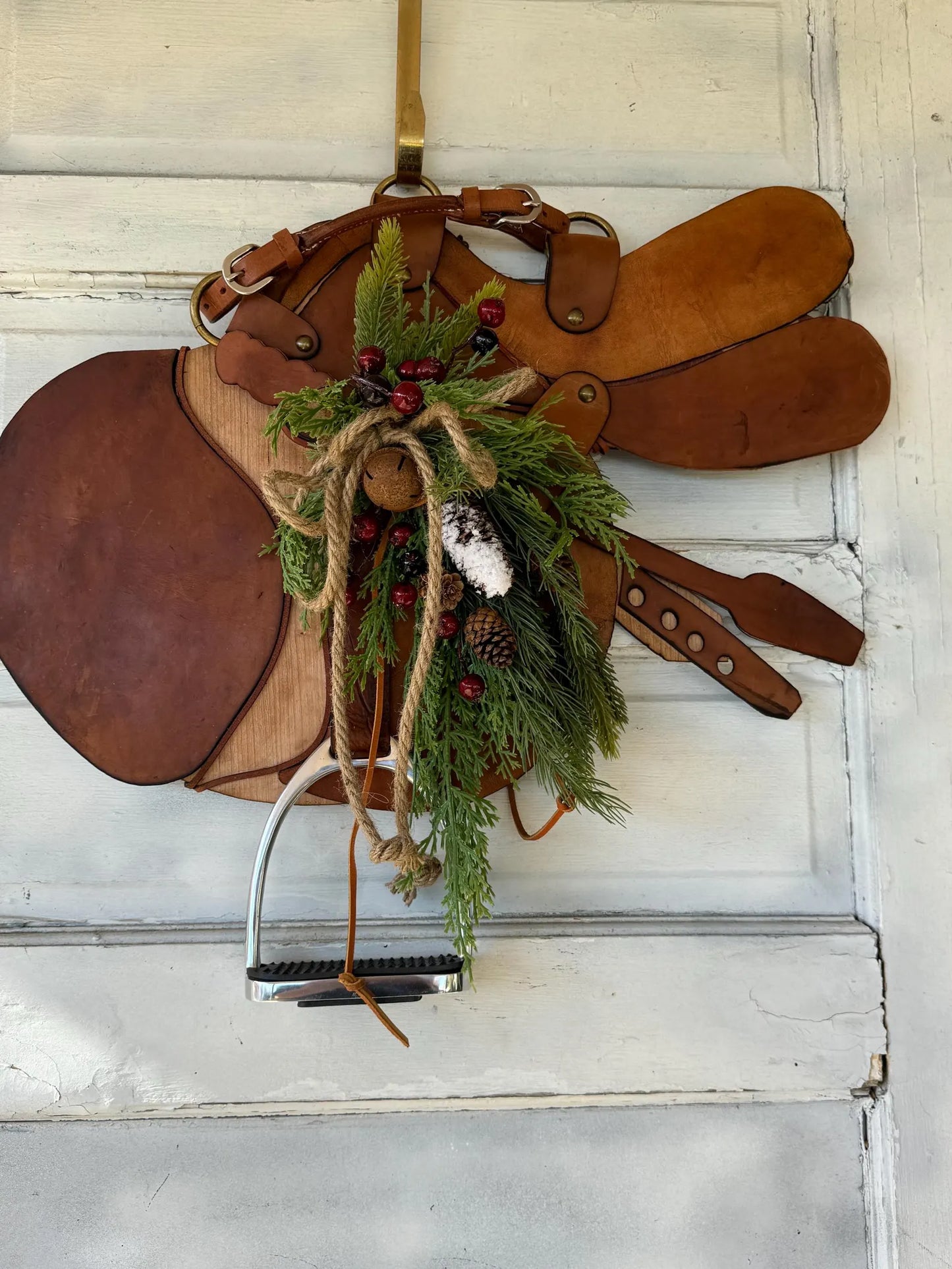 Fox and Hound Hunter Jumper, Leather, Brass, Wood, Art. Authentic Leather and English Stirrup Home Barn Door Wall Decor - Horse Lover gift