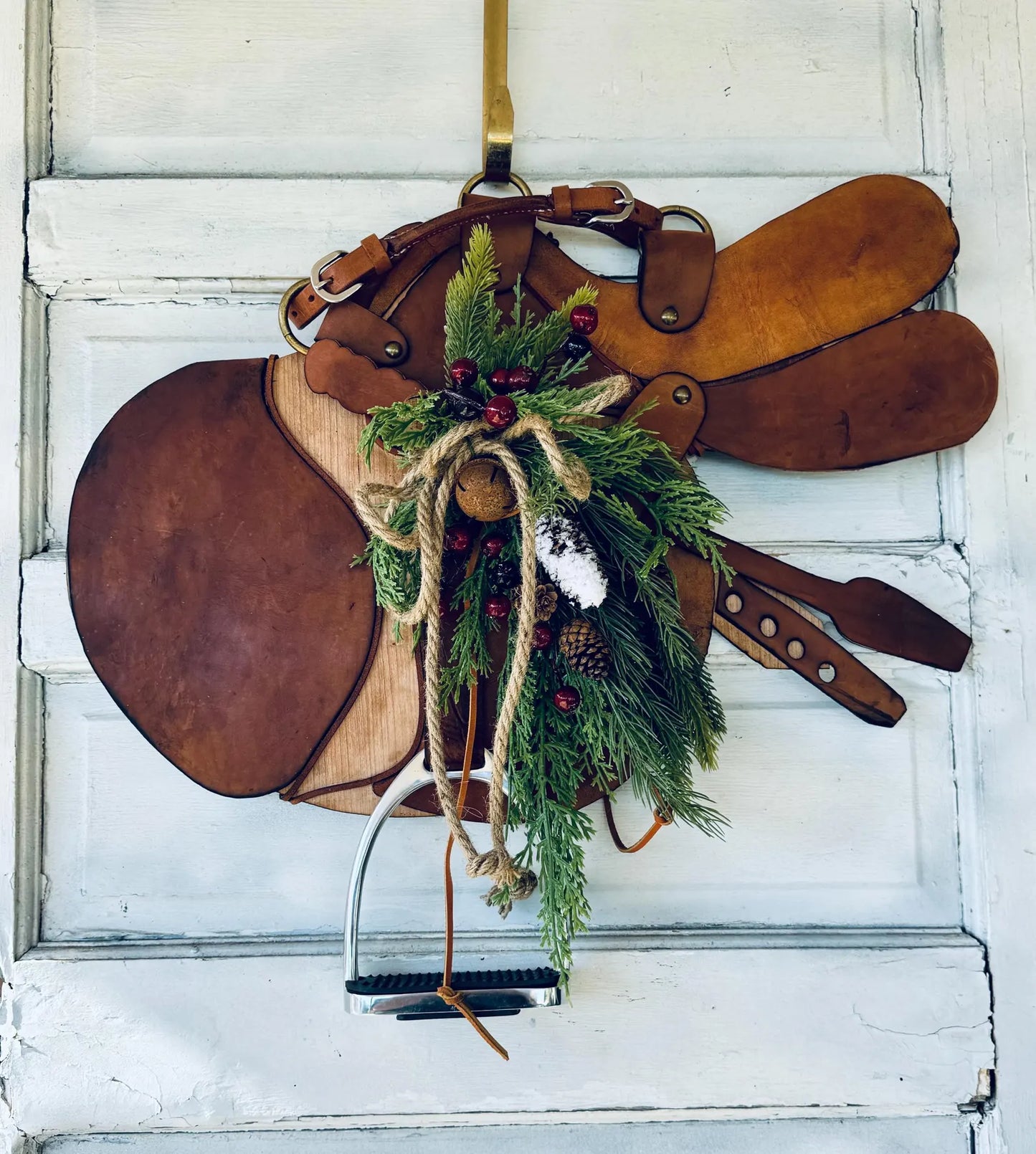 Fox and Hound Hunter Jumper, Leather, Brass, Wood, Art. Authentic Leather and English Stirrup Home Barn Door Wall Decor - Horse Lover gift