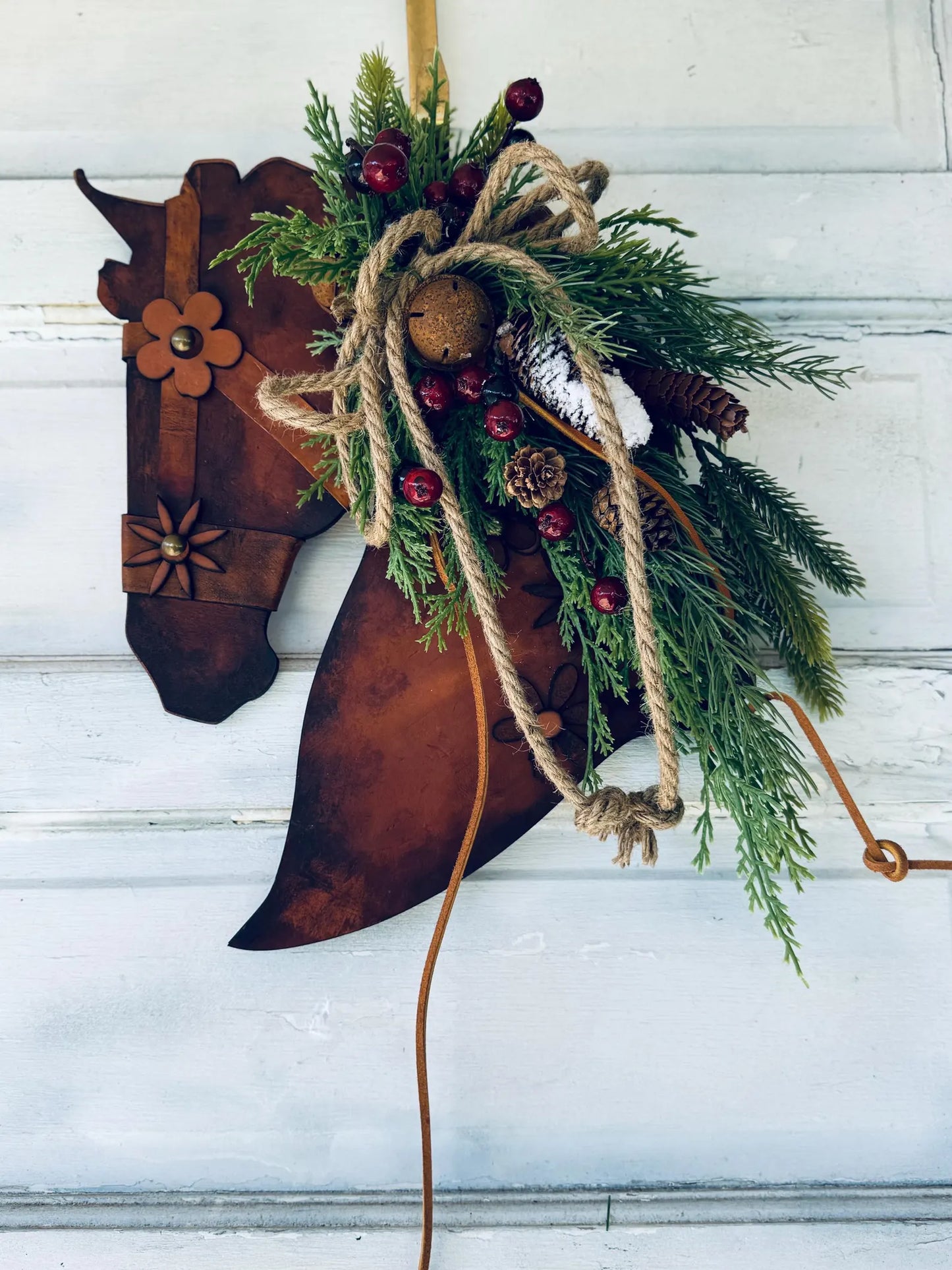 Christmas Rustic Pine and Leather and wood Horse Head Wall decor. Leather Home Barn Door Wall Decor - Equestrian Lovers Leather Home Decor
