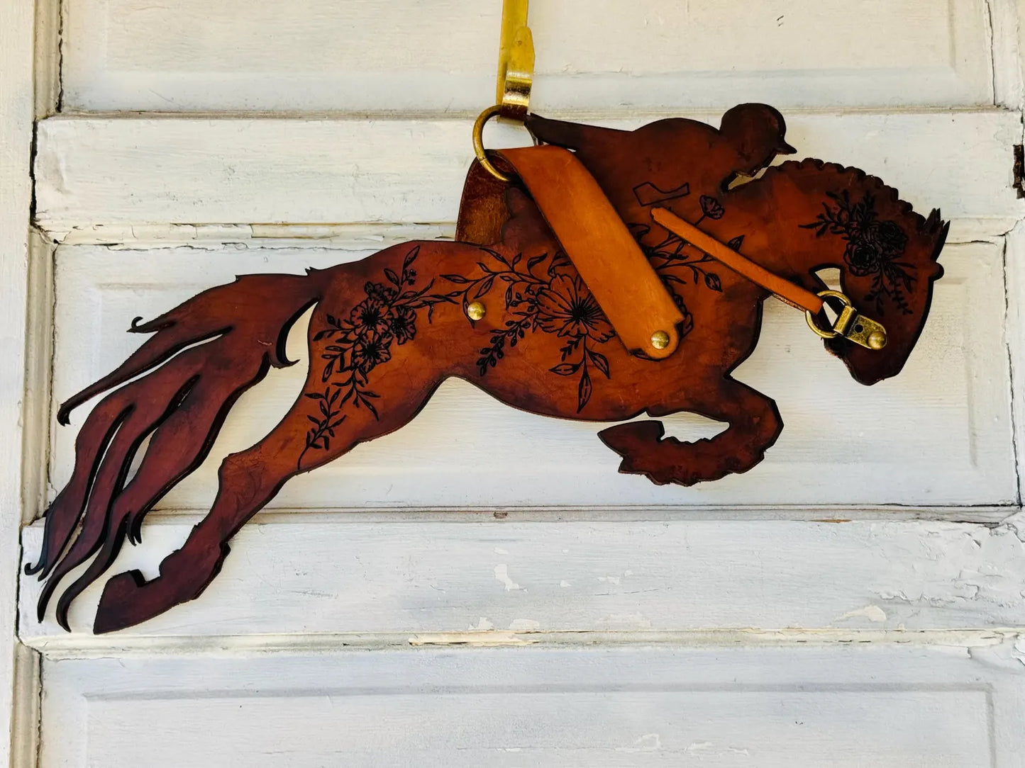 Leather Horse and Hound Jumping Horse Head Wall decor. Leather Home Barn Door Wall Decor - Equestrian Lovers Leather Home Decor