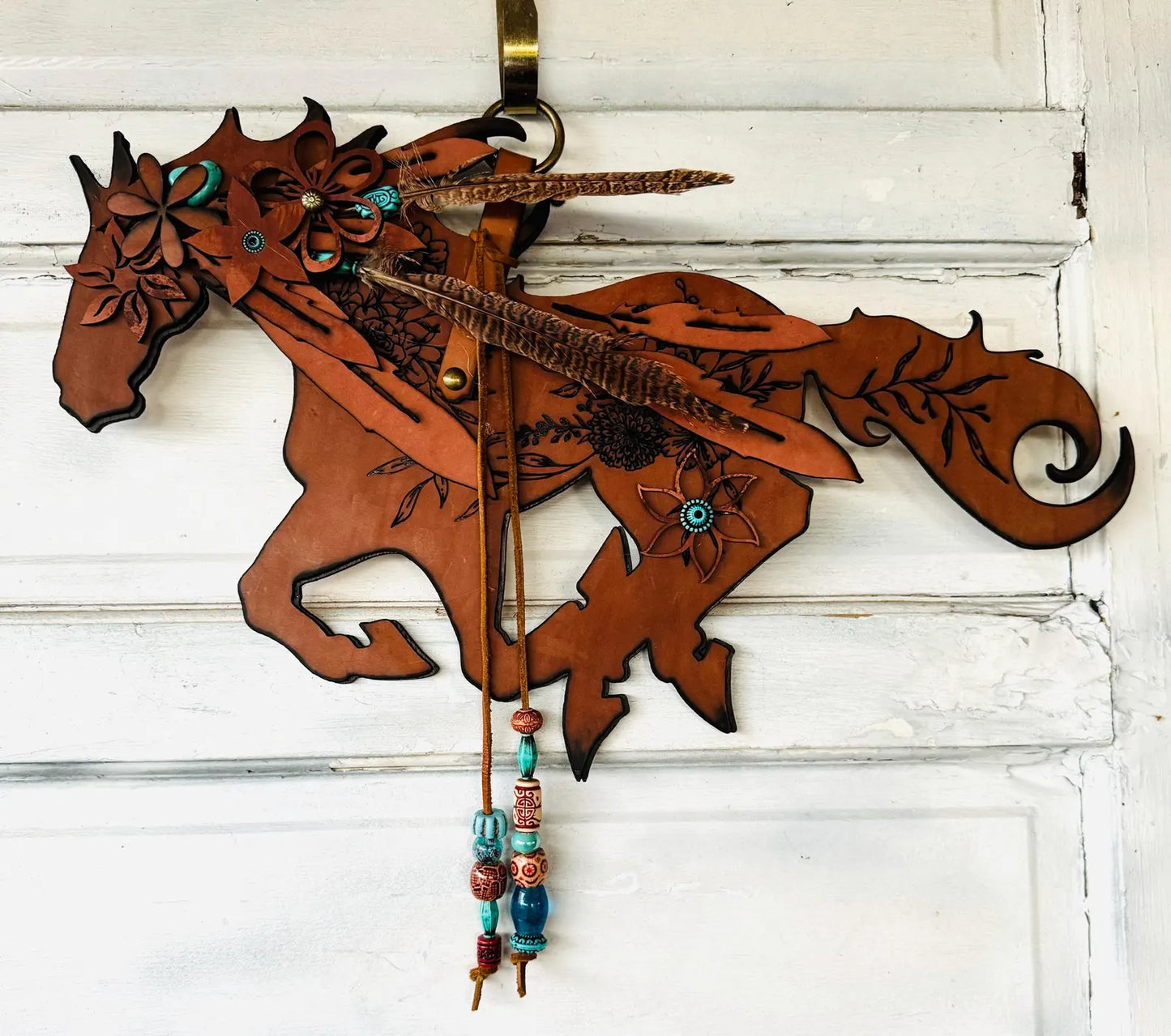 Leather Boho South Western Running Horse Mustang Wall decor. Leather Home Barn Door Wall Decor - Equestrian Lovers Leather Home Decor