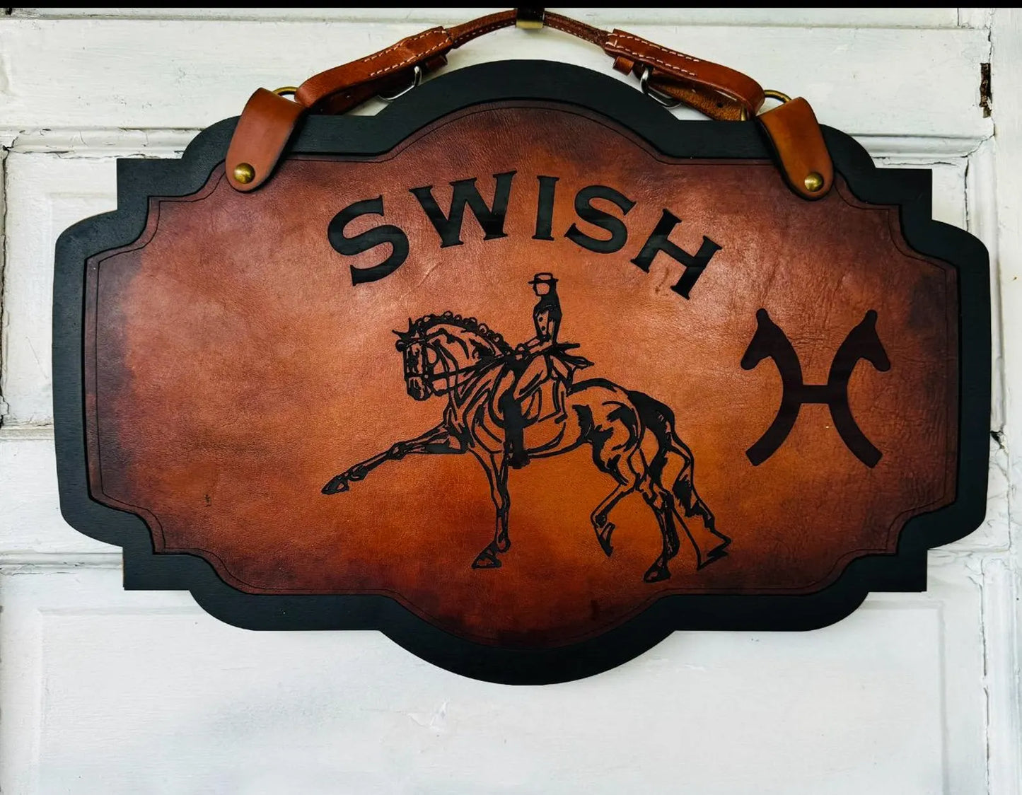Authentic Leather and wood Horse stall Plaque. Leather Barn Name plaque with Custom options