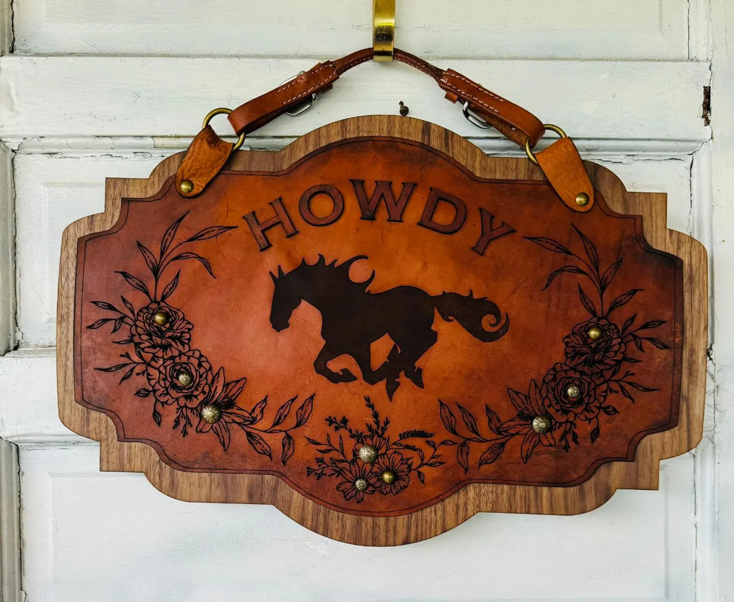 Authentic Leather and wood Horse stall Plaque. Leather Barn Name plaque with Custom options Western feel with Brass Nail Heads