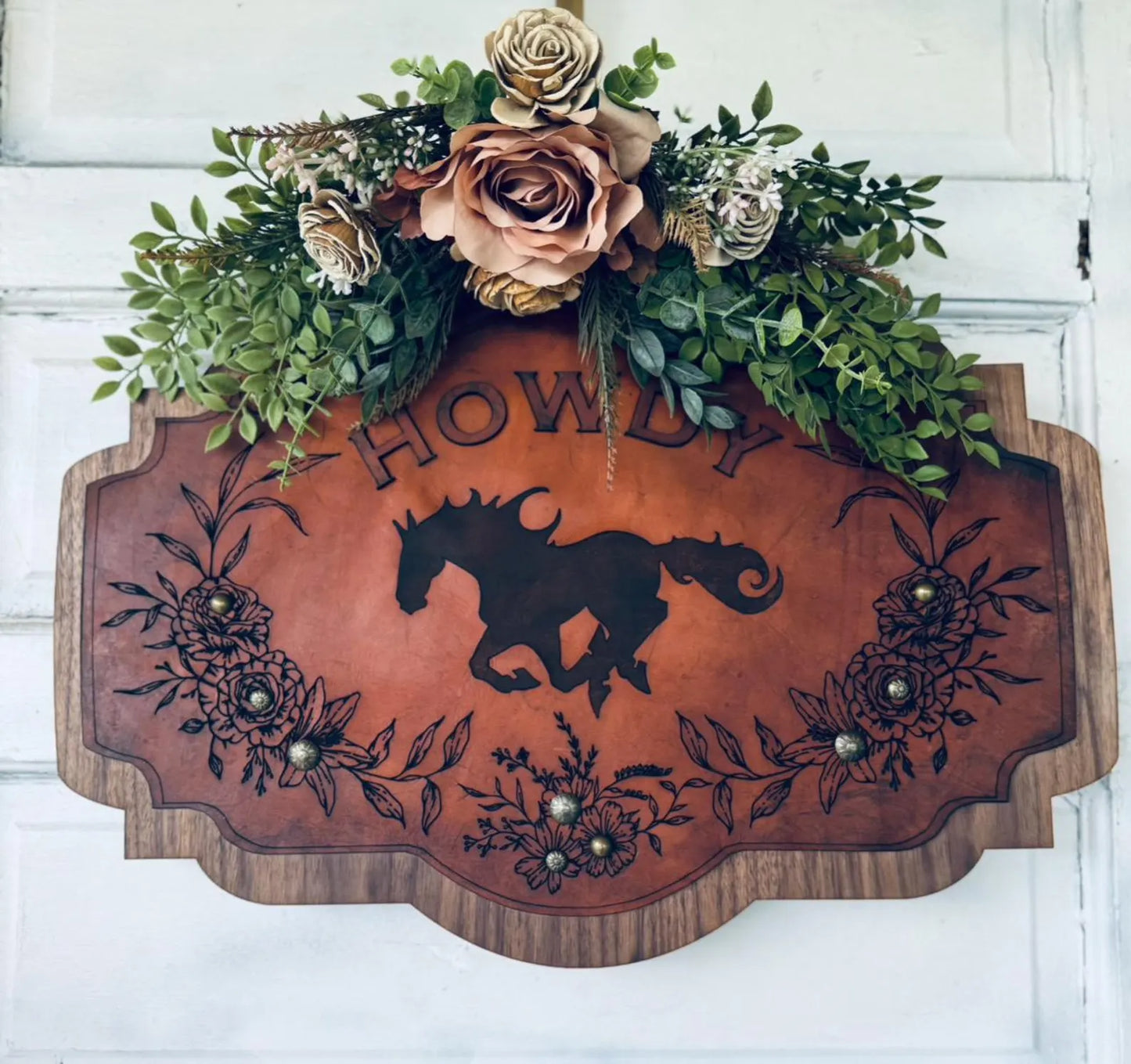 Authentic Leather and wood Horse stall Plaque. Leather Barn Name plaque with Custom options Western feel with Brass Nail Heads