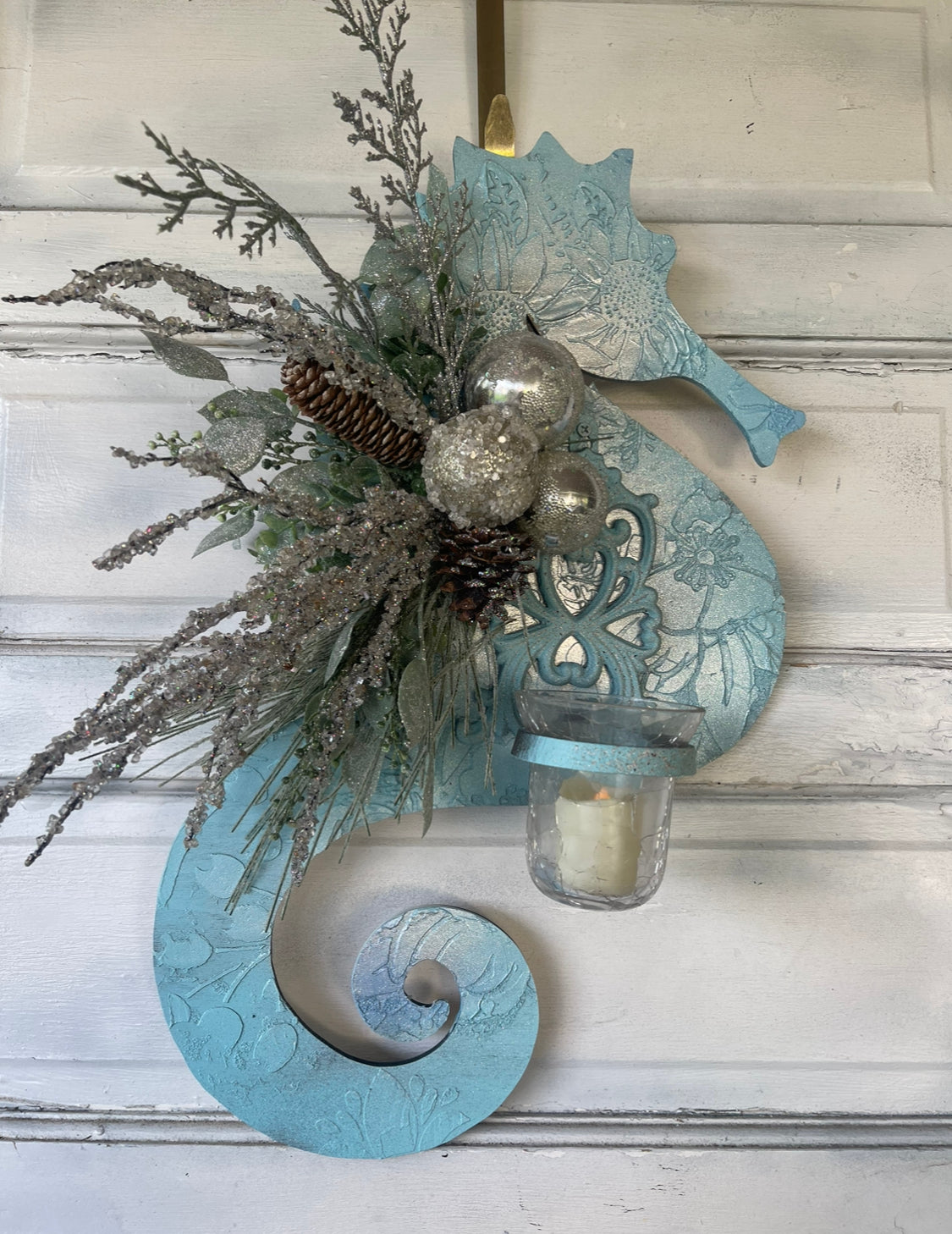 Beach life Christmas seahorse with ornate metal and cracked glass votive Sconce