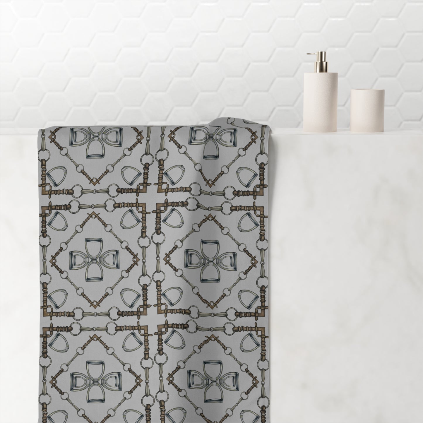 Geometric Snaffle Bit and Stirrup Motif Luxury Bath Towel
