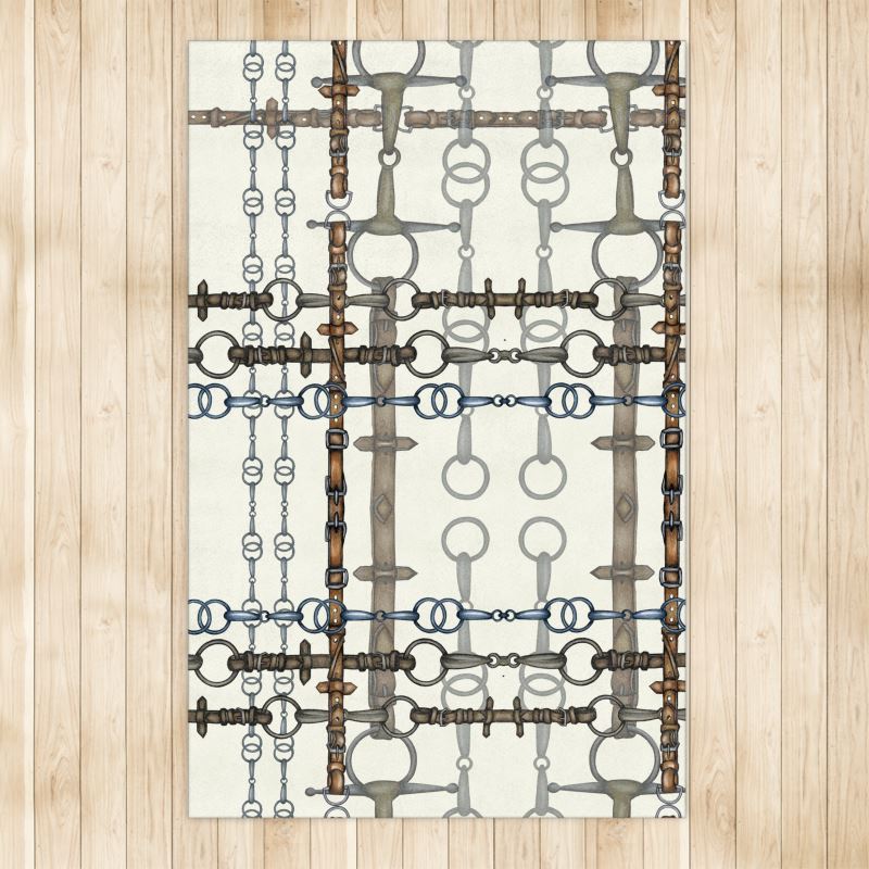 Large Ivory and Gray Bit Motif Area Rug 4x6.5ft