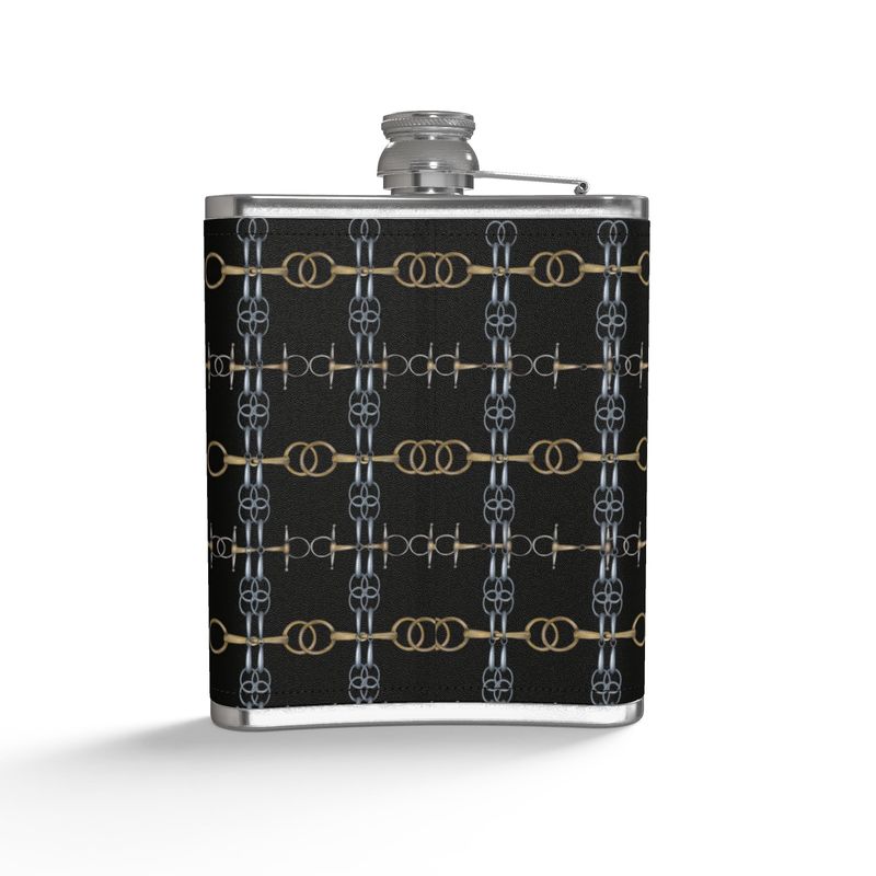 Black Equestrian Bit Leather Wrapped Flask
