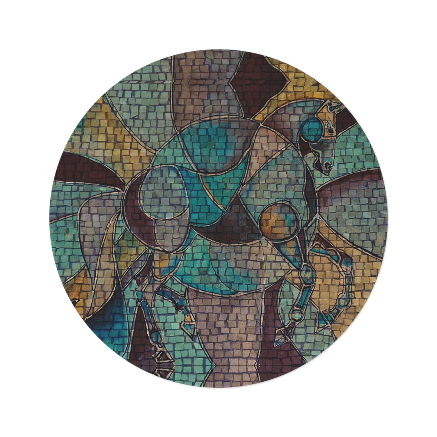 Blue Mosaic Artistic Horse Painting Round Rug