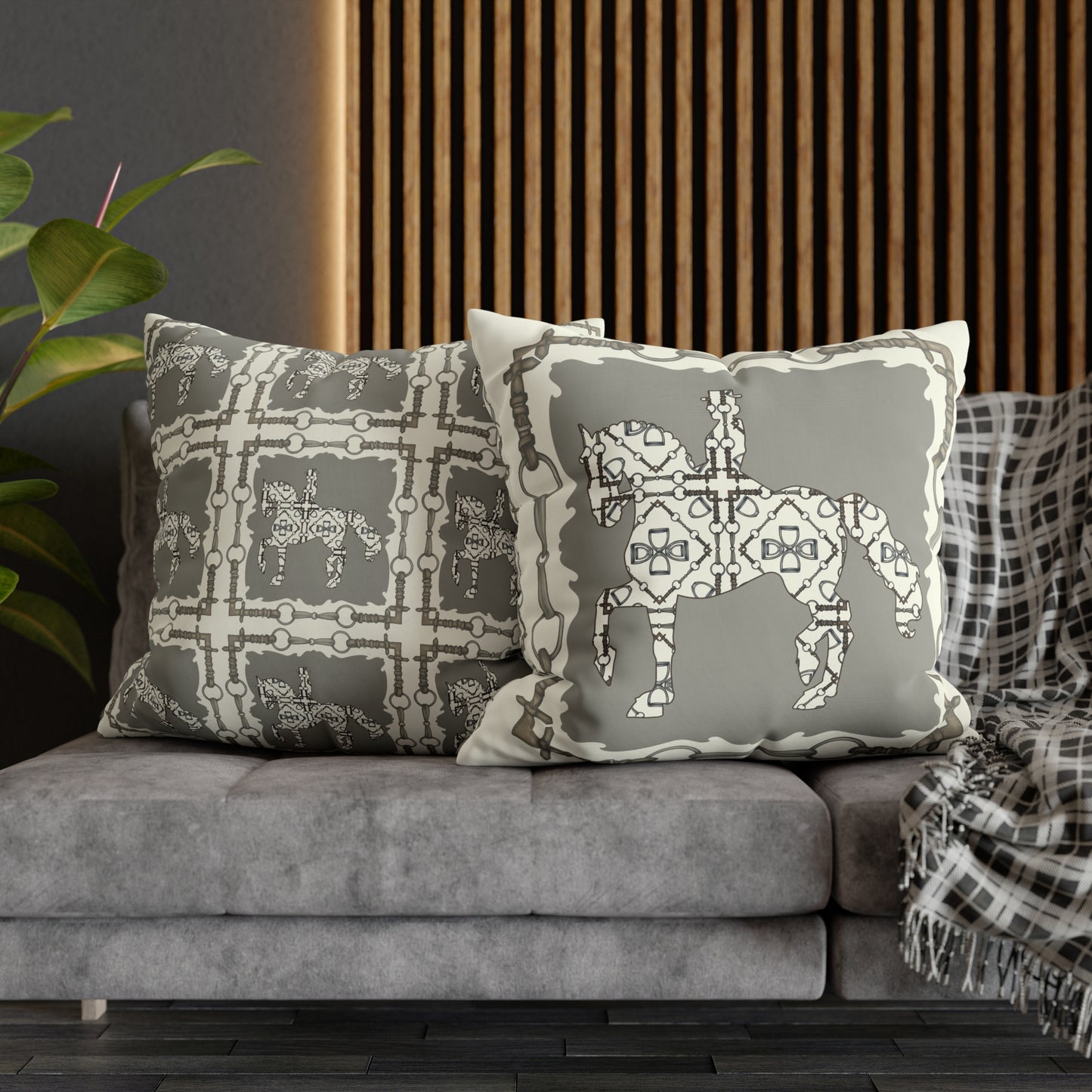 Ivory and Gray Dressage Horse Motif Double Sided Pillow Case