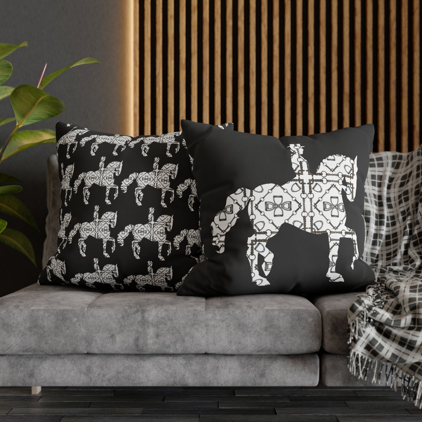 Double Sided Black and White Dressage Horse Pillow Case