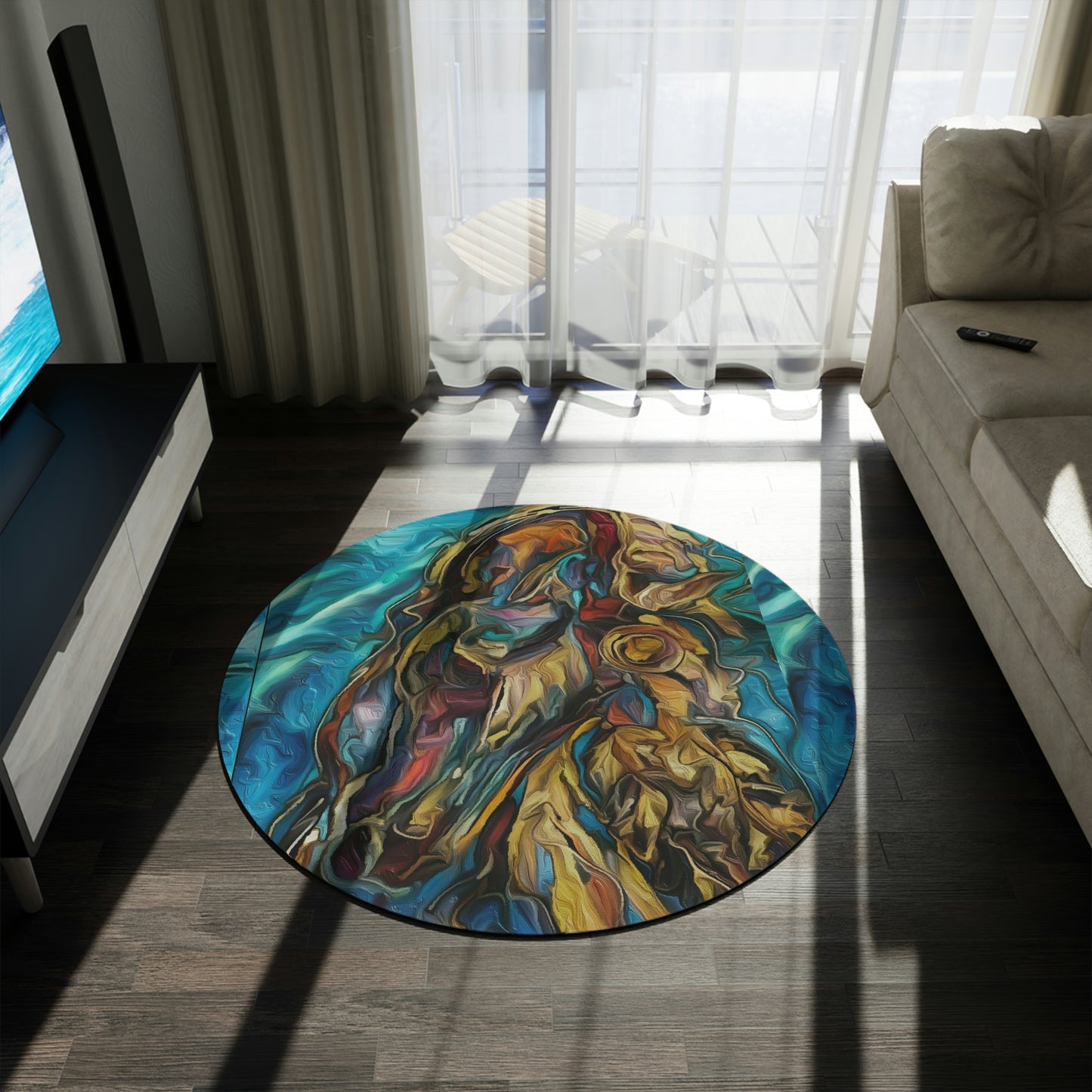 Original Equestrian Art Round Rug. Blue Indian Horse Rug/Mat. My original Artwork printed on a rug. Home Decor. Show Stall Mat